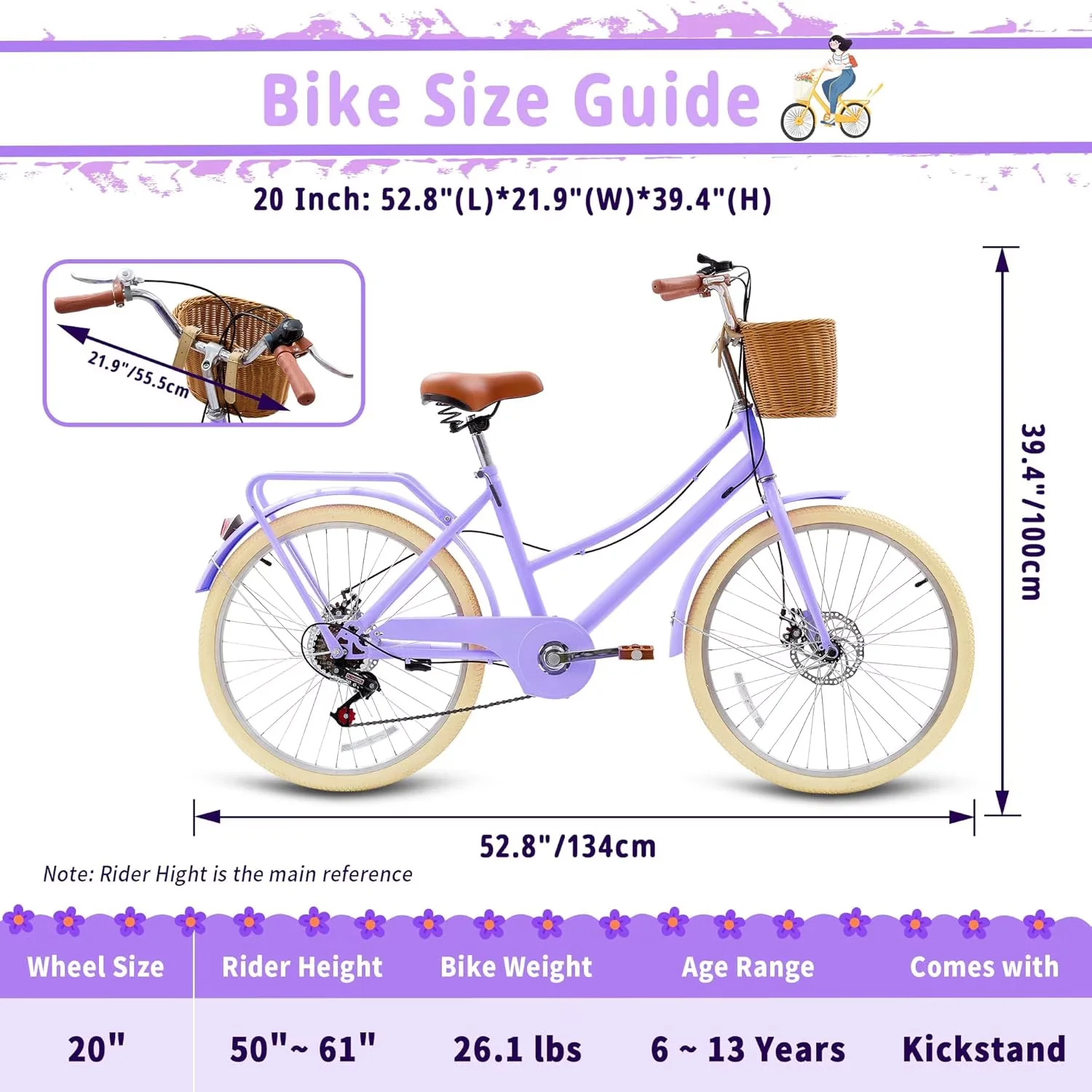 Innovative Cruiser Bike with Adjustable Seat Height, Adjustable Speed - Purple Model EDDBC7