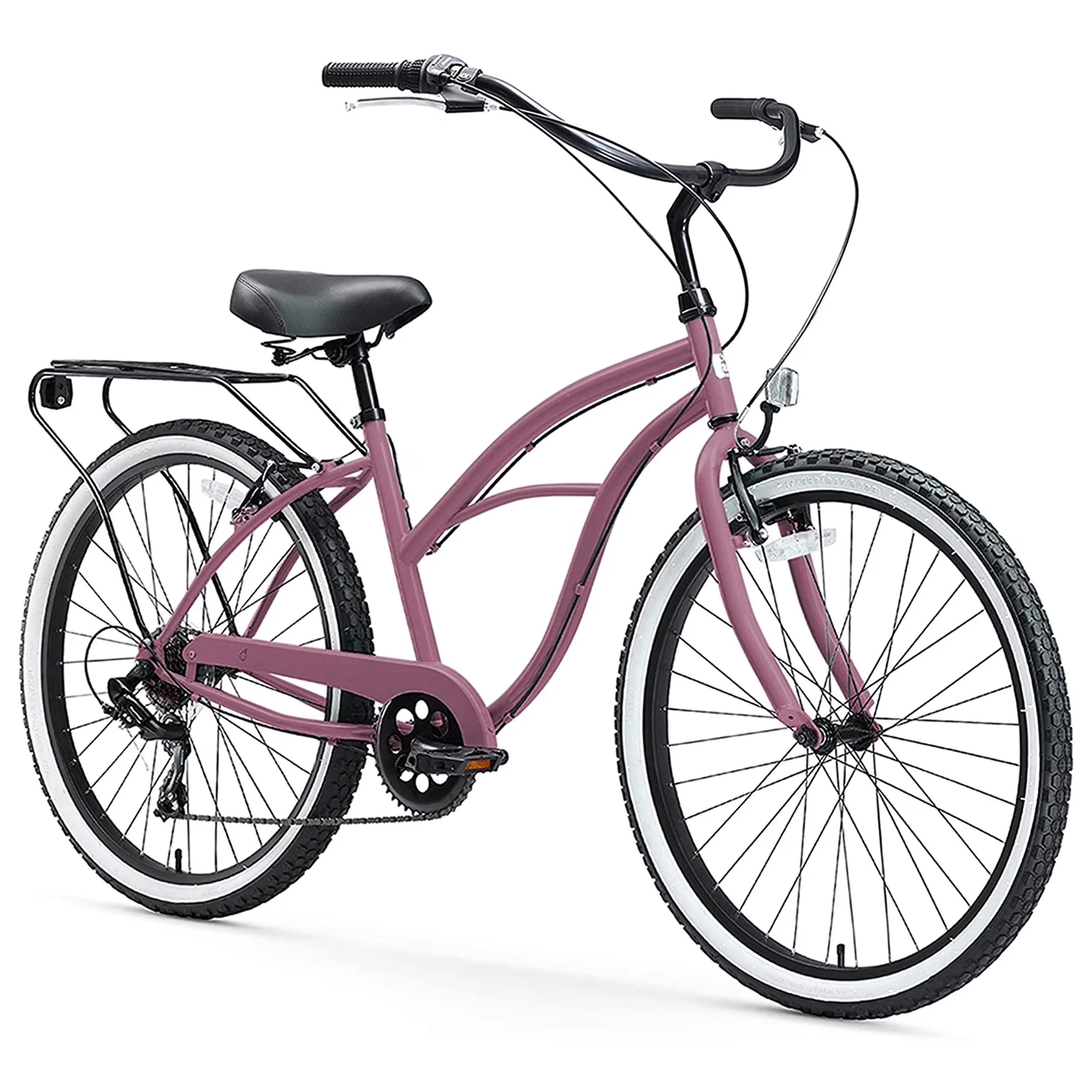 Premium Cruiser Bike with Black Seat and Grips, 26 In. Wheels, Around the Block Women's 7-Speed Bicycle - Light Plum Model E65642