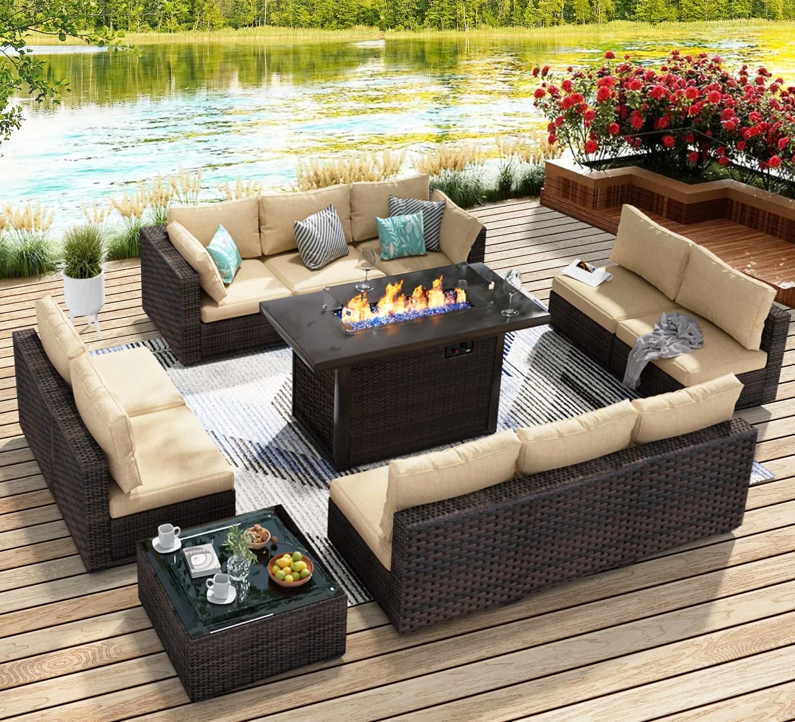 Innovative Outdoor Sofas Sectional with Weatherproof, All Weather PE Rattan, Fire Pit Table - Beige Steel Tube;Polyester;Pe... Model 980FDF