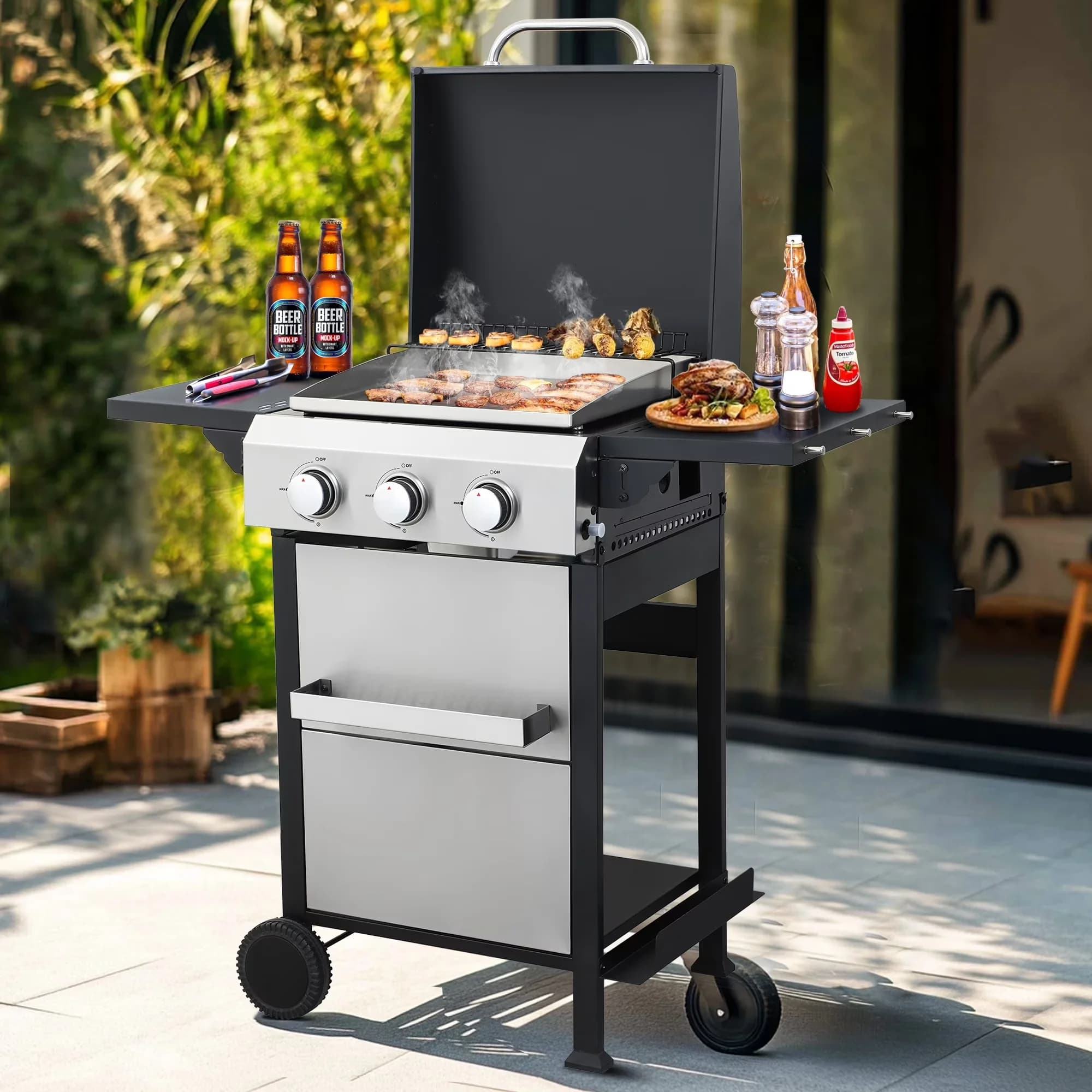 Stylish Gas Grill with Warming Rack, Portable - Steel,Stainless Steel Multicolor Model E1219F