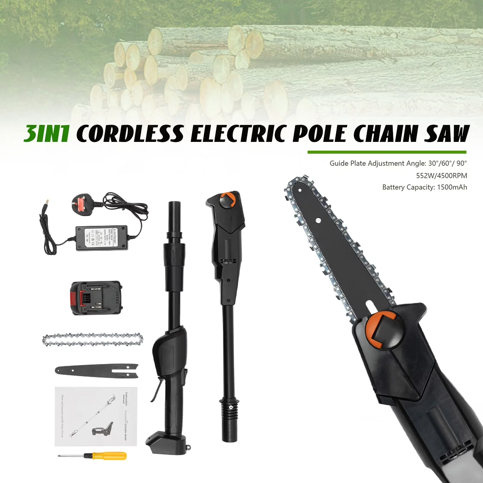 Versatile Pole Saw with Battery, 552W, 240V - Black 100-240V - Built to Last Model 9DC6F9