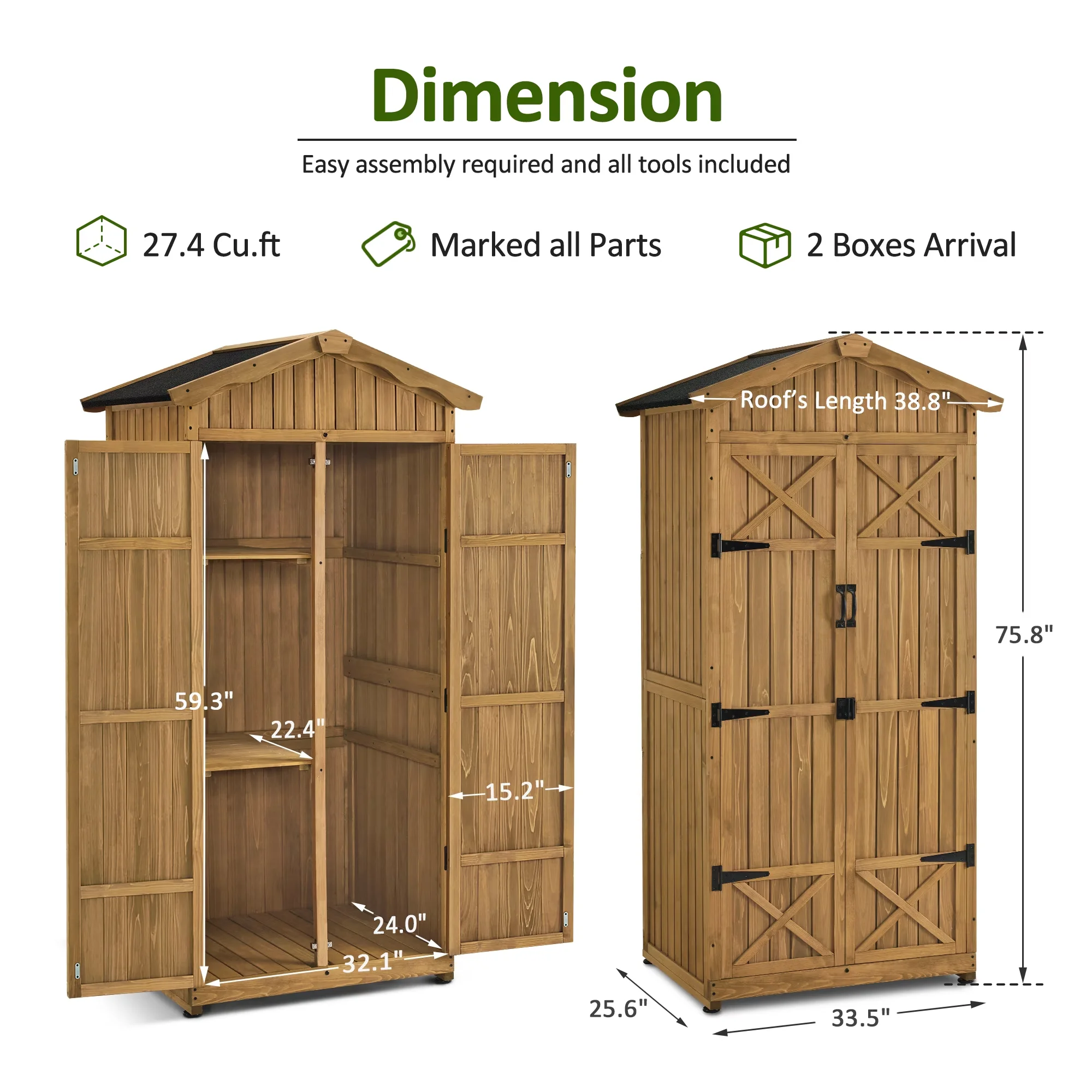 Shed Premium with Lockable Door, Waterproof, Tall Tool - Natural Fir Wood for Garden, Patio Model DB7B5E