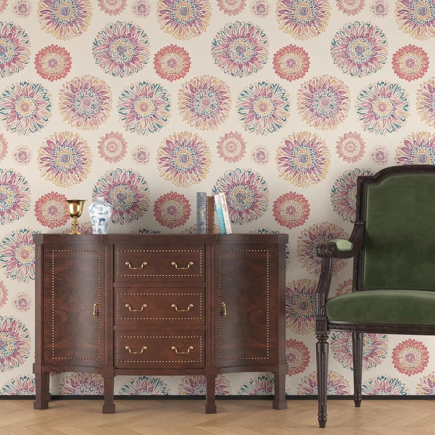 Premium Wallpaper with Boho Peel and Stick, Vintage Circle Floral Contact Paper - Beige Vinyl Model 3380DC