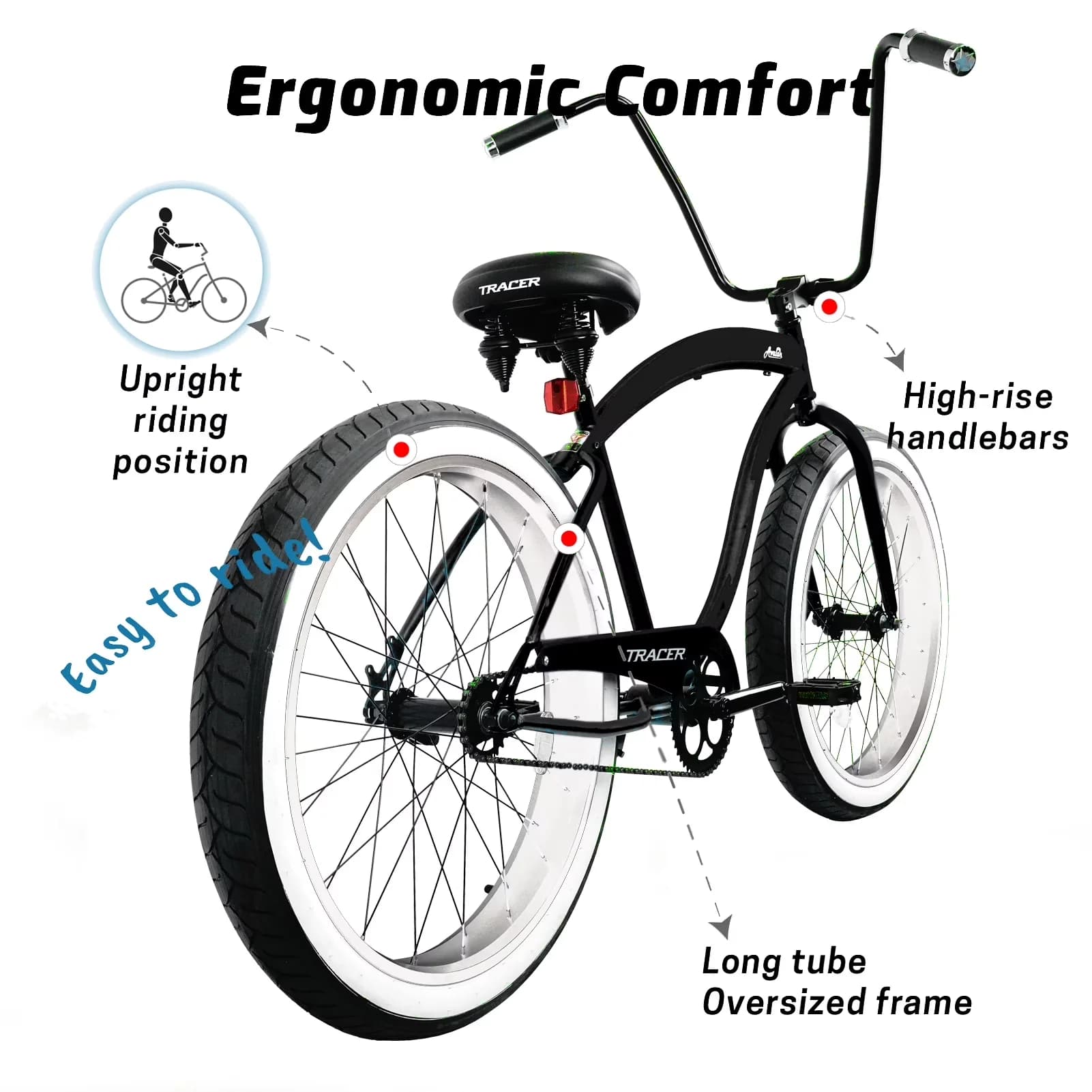 Cruiser Bike Professional with Adjustable Seat Height - Black Avalon - Built to Last Model 6C03B6