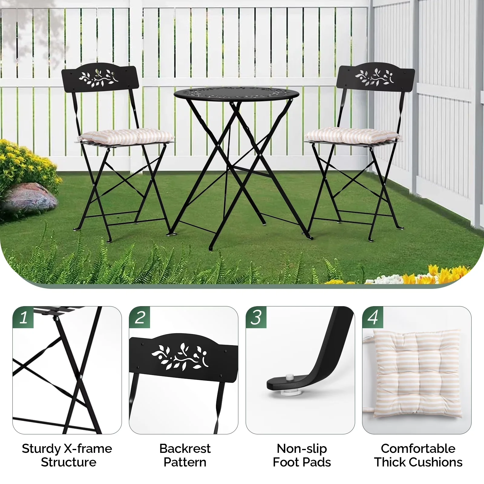 Patio Dining Set Premium with Waterproof, 3 Pieces Small Folding Bistro, Foldable Conversation w/Cushion - Iron Frame, Chinese Fir... Model 4F1C62