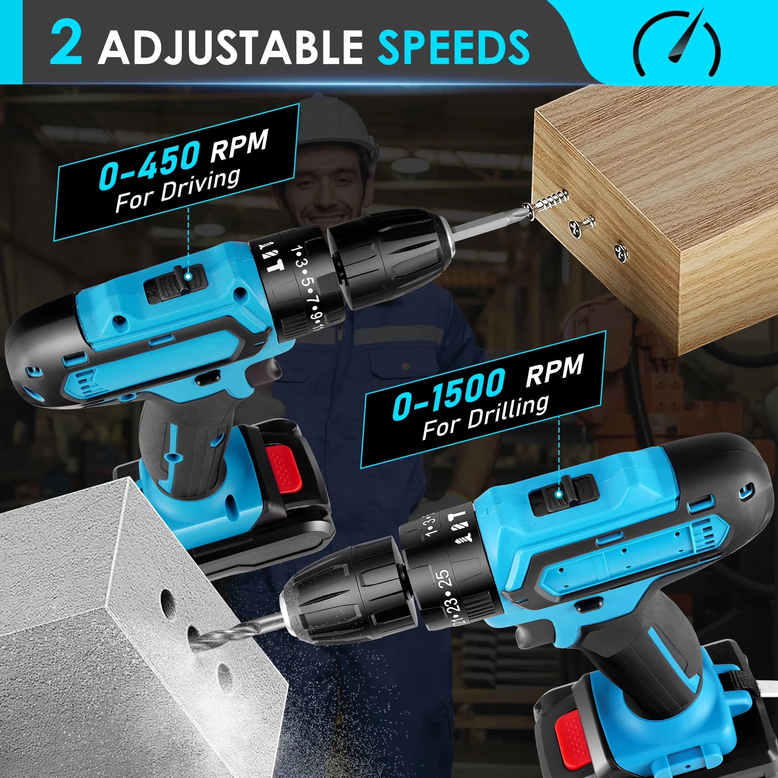 Drills Driver Premium with Battery, 21V, 21V Cordless Drill - Blue - Premium Collection Model 725B24