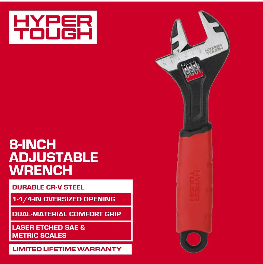 Hand Tool Sleek with Adjustable, 8-inch Wide Jaw Adjustable Wrench, Dual Material Comfort Grips - Red 8-INCH Model C6DAE0