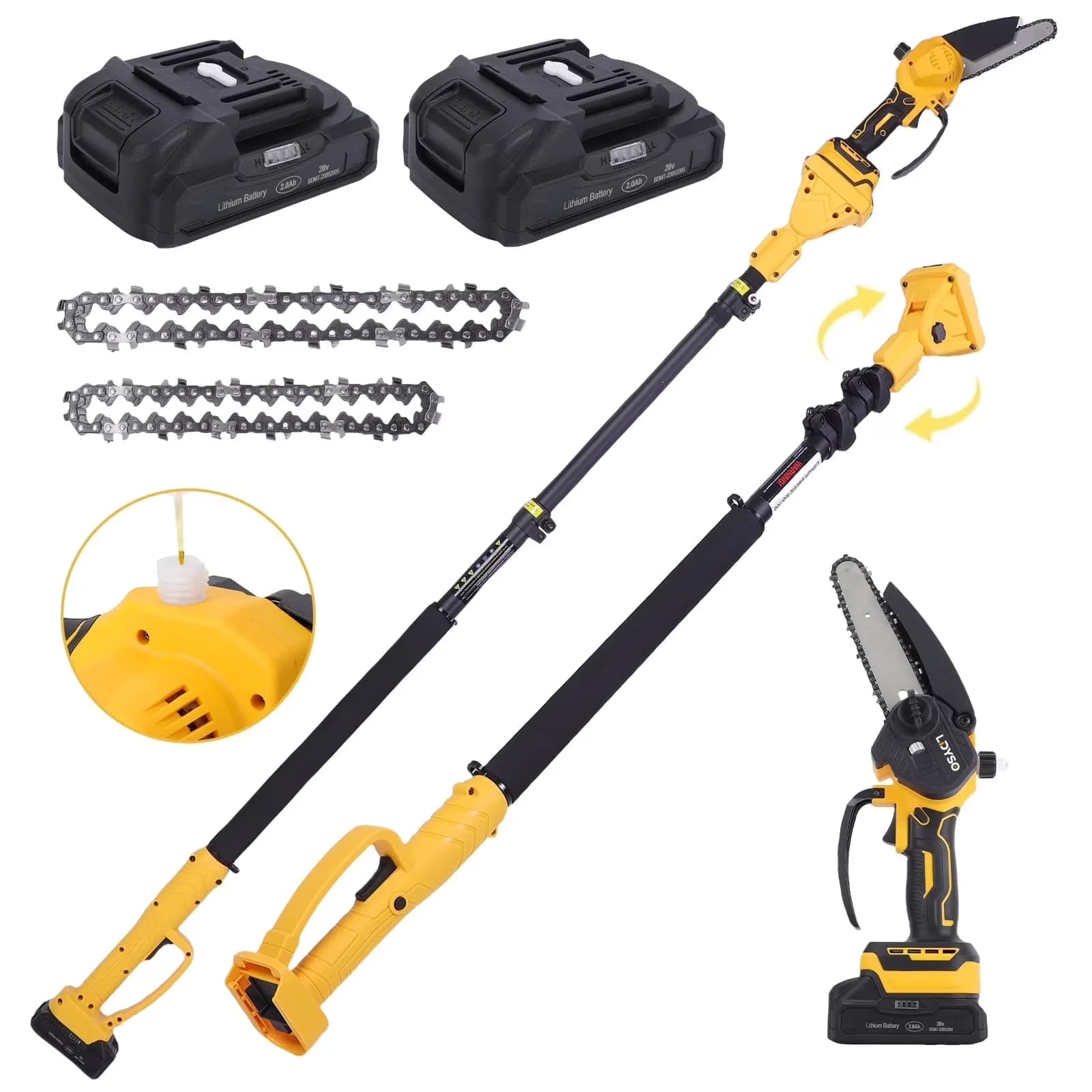Versatile Pole Saw with Battery, Automatic Chain Oiler, Tool-Less Chain Tensioning - Yellow Model EAFC67