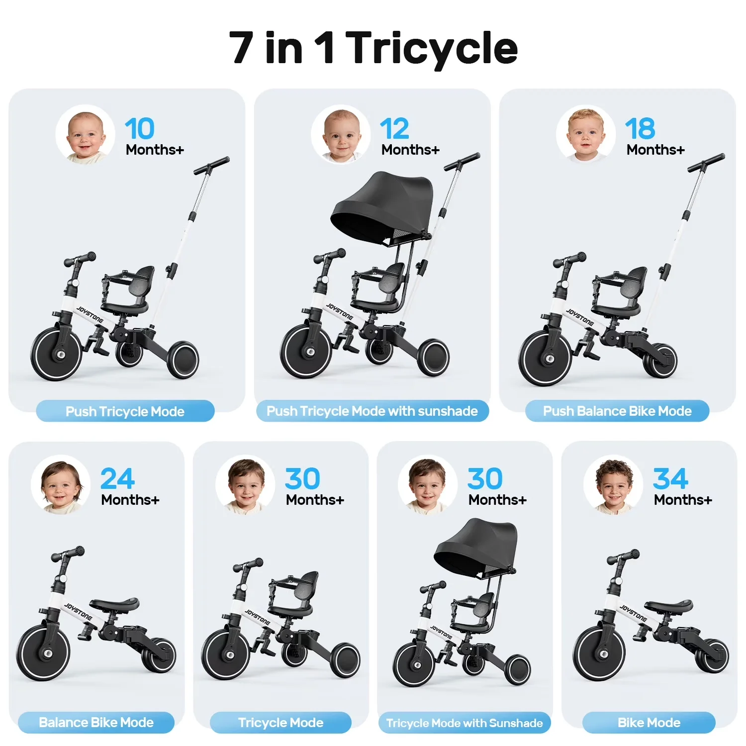 Efficient Kids Bike with Adjustable Seat, Push Tricycle, Adjustable Canopy - White Model D05645