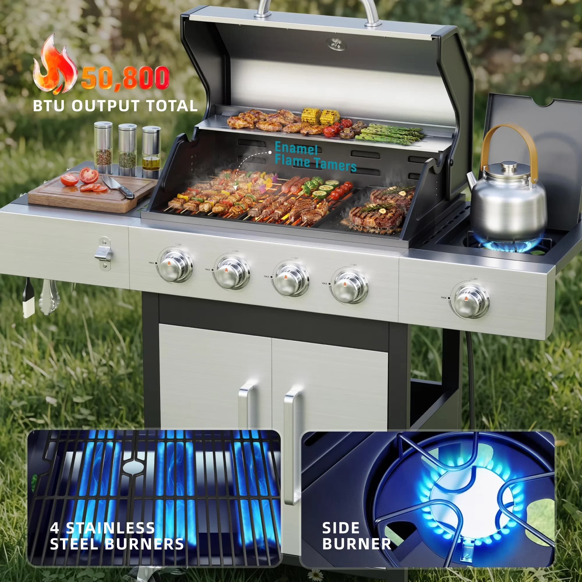 Premium Gas Grill with 50800 BTU, Storage Rack, Grease Pan - Stainless Steel, Porcelain-Enameled Cast Iron Silver for Outdoor Model 78344B