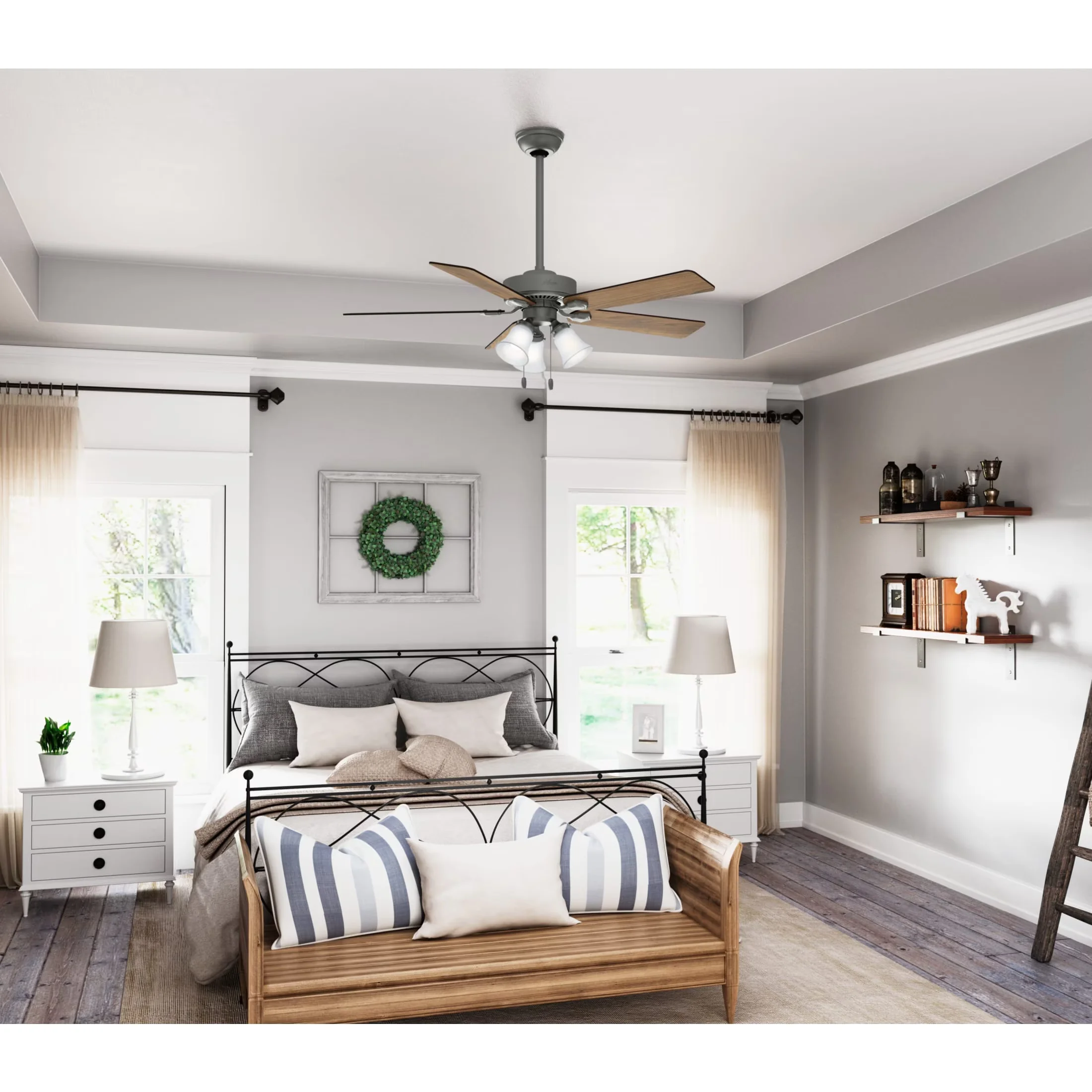 Reliable Ceiling Fan with LED, Transitional, Reversible Blades - Silver Glass for Living Room, Bedroom Model F493B3