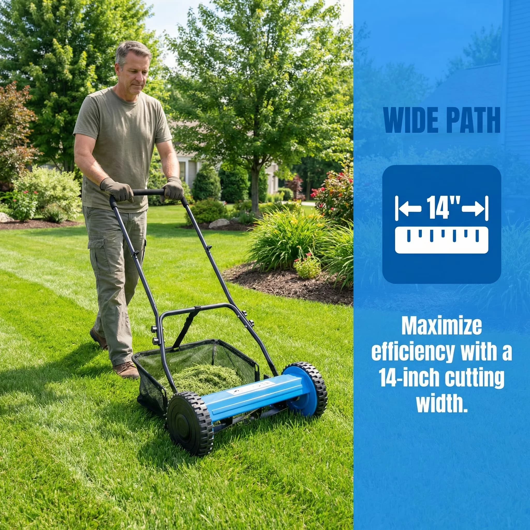Sleek Push Mower with Adjustable, Grass Catcher, Eco-Friendly Reel & Grass Cutter - Blue for Garden Model 4C258C