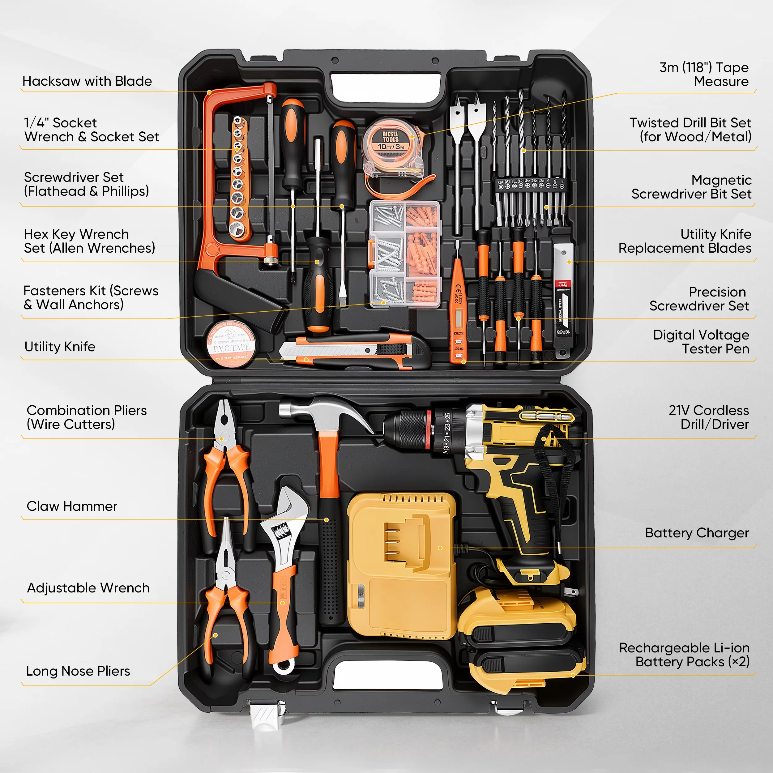 Versatile Drills Driver with Battery, 21V, 118 Piece Household Tool Kit - Yellow for Home Model BC364D