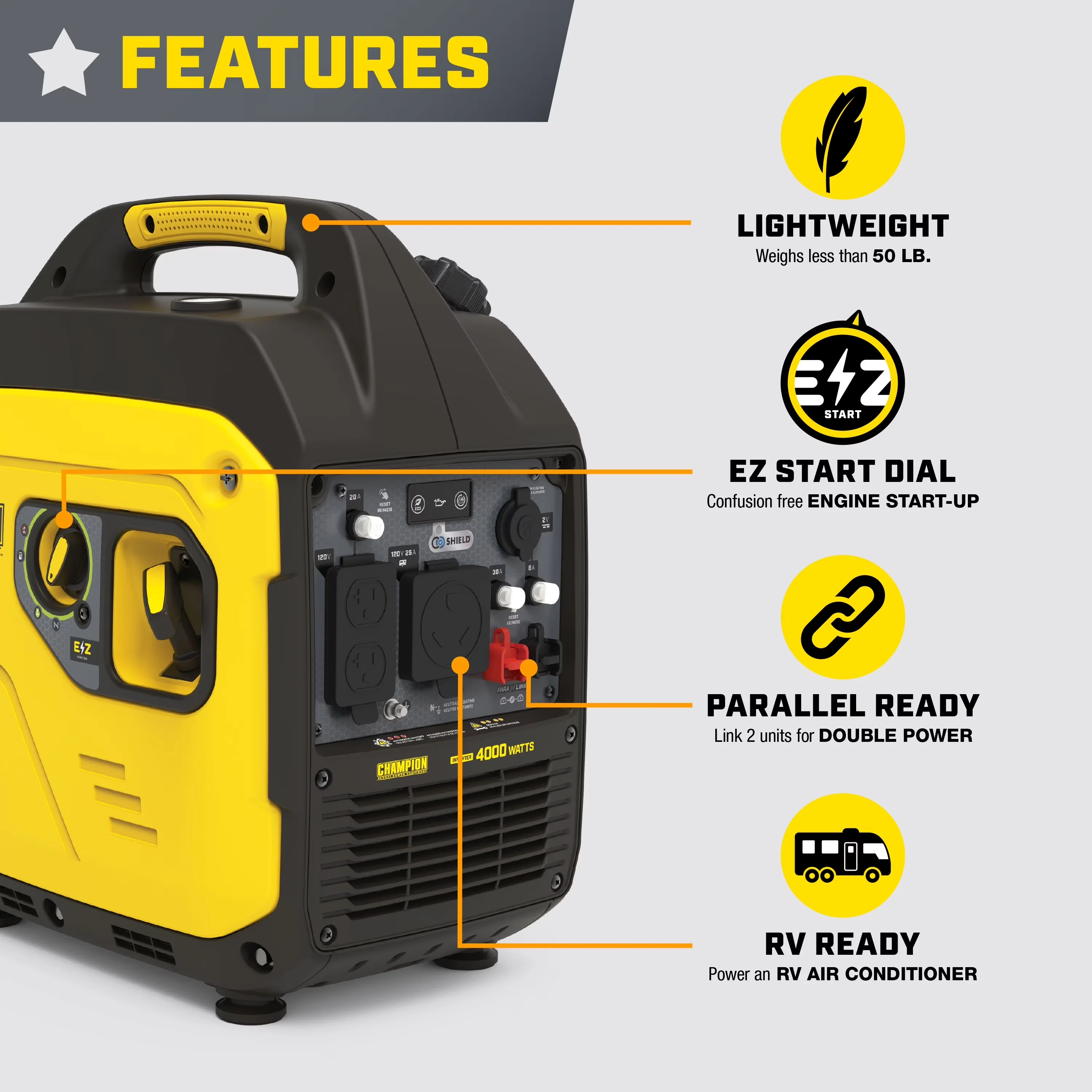 Generator Modern with 4000W, Co Shut-Off, 4000-Watt RV Ready Portable Inverter - Model 9C5503
