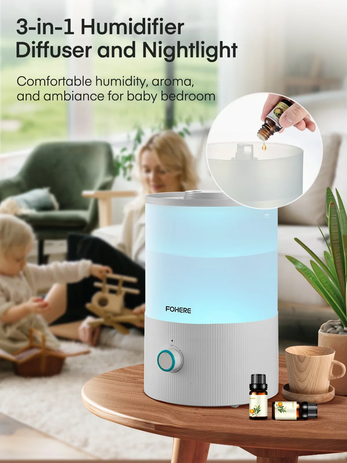 Modern Humidifier with Oil Diffuser, Humidifiers - White for Bedroom 3-IN-1 Model 11D0D8