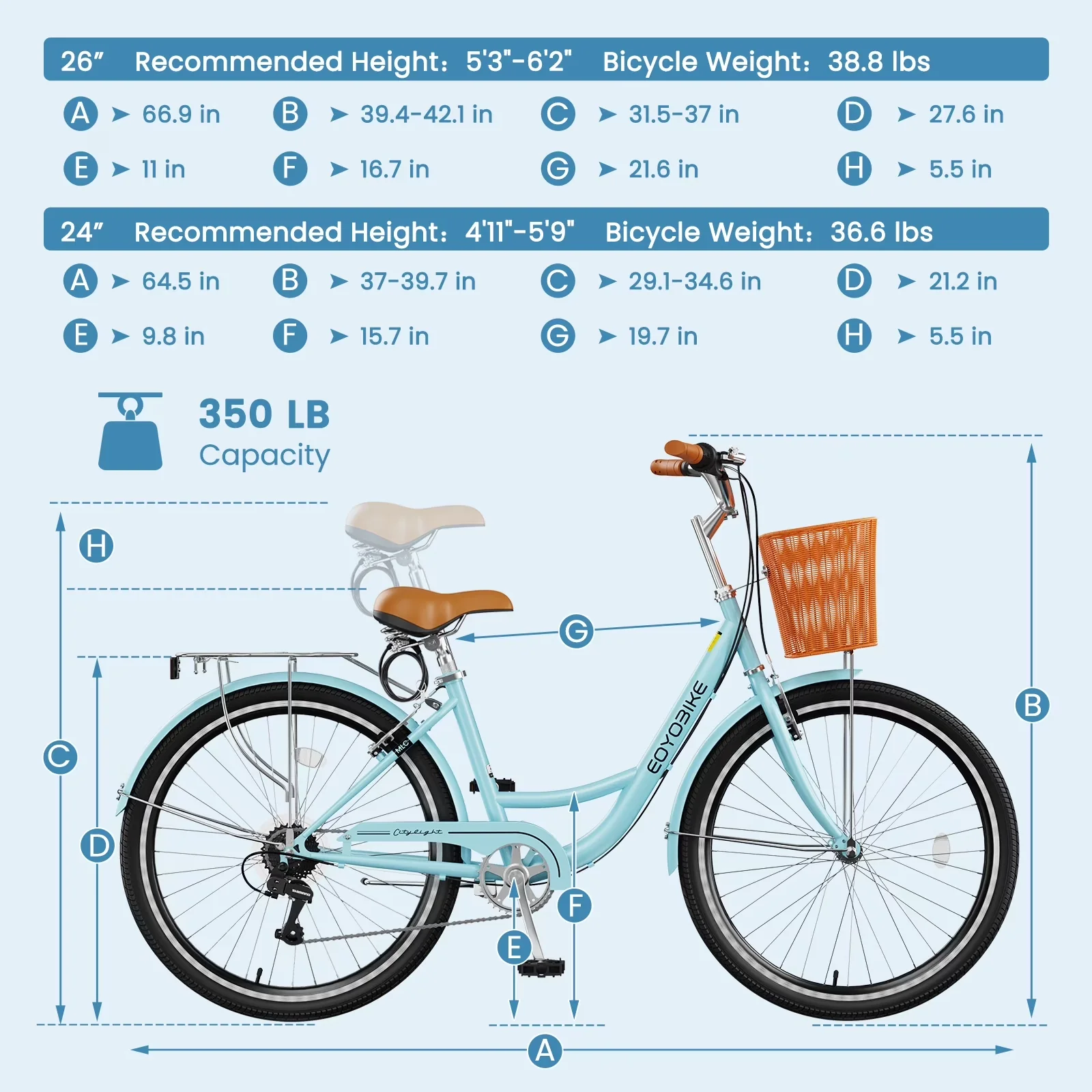Modern Cruiser Bike with Adjustable Seat, Lightweight, 24/26inch Beach Bicycle - Blue Model DFA479