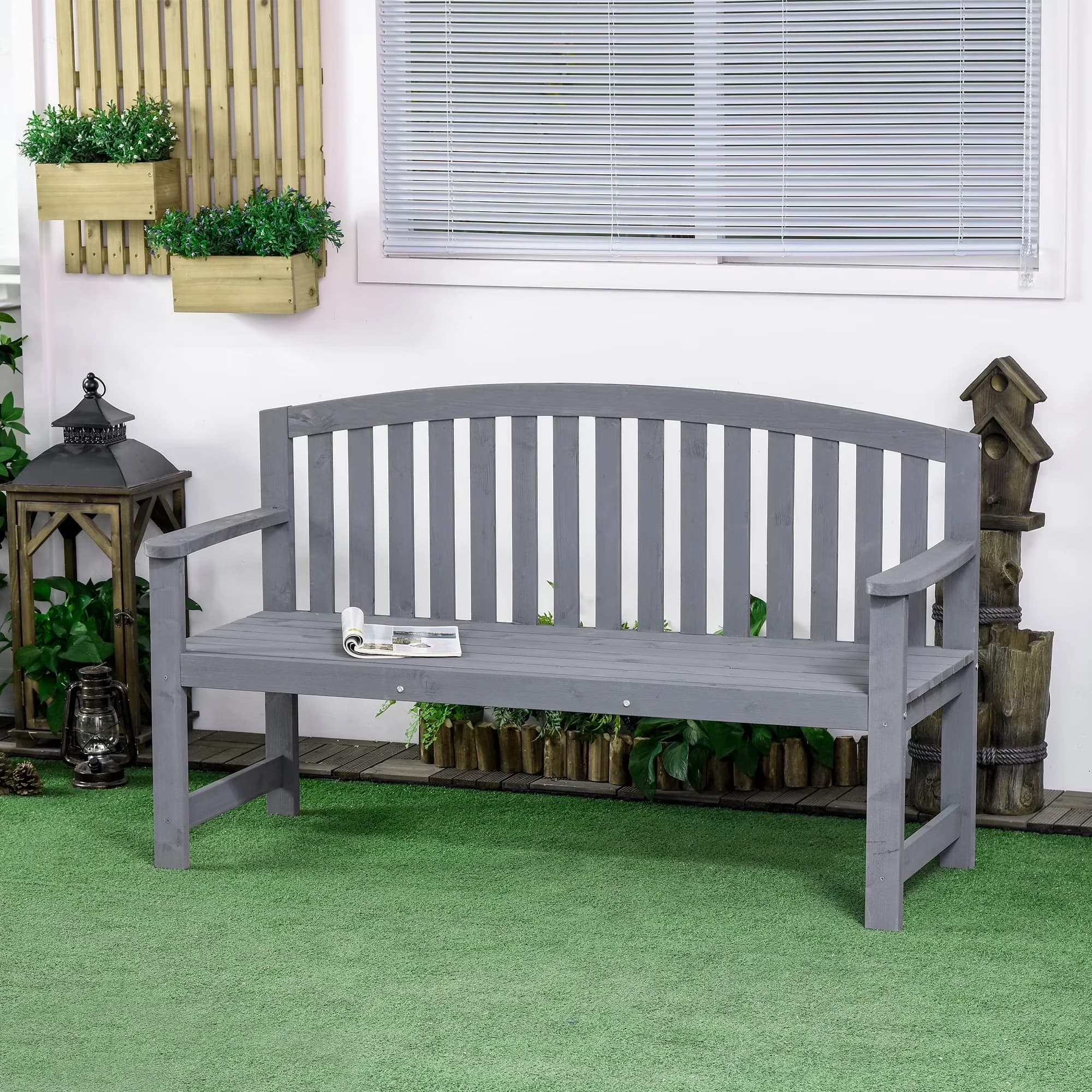 Compact Patio Chair with Waterproof, 56" Outdoor Wood Bench - Gray Fir Wood Model 625A92