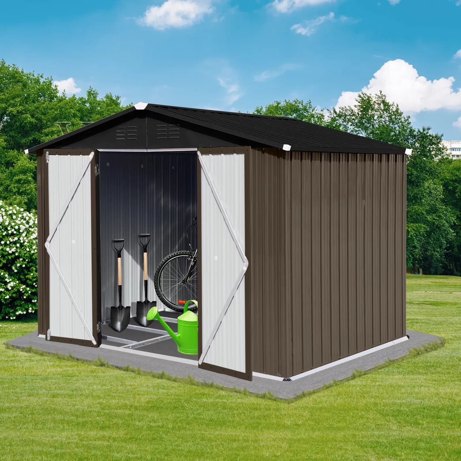Shed Essential with Outdoor Storage, Apex Roof and Hinged Door, 8x6 Ft Metal Garden - Metal Brown Model 89B3FF