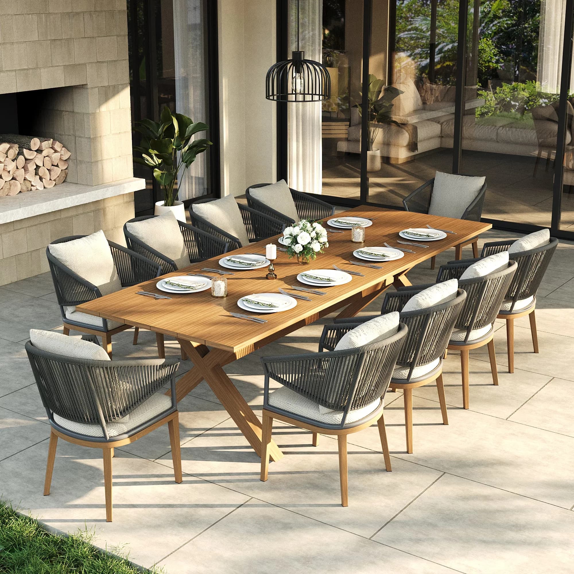 Sleek Patio Dining Set with Storage, 11 Piece Outdoor Table - Teak Aluminum for Patio, Indoor Model 05C669