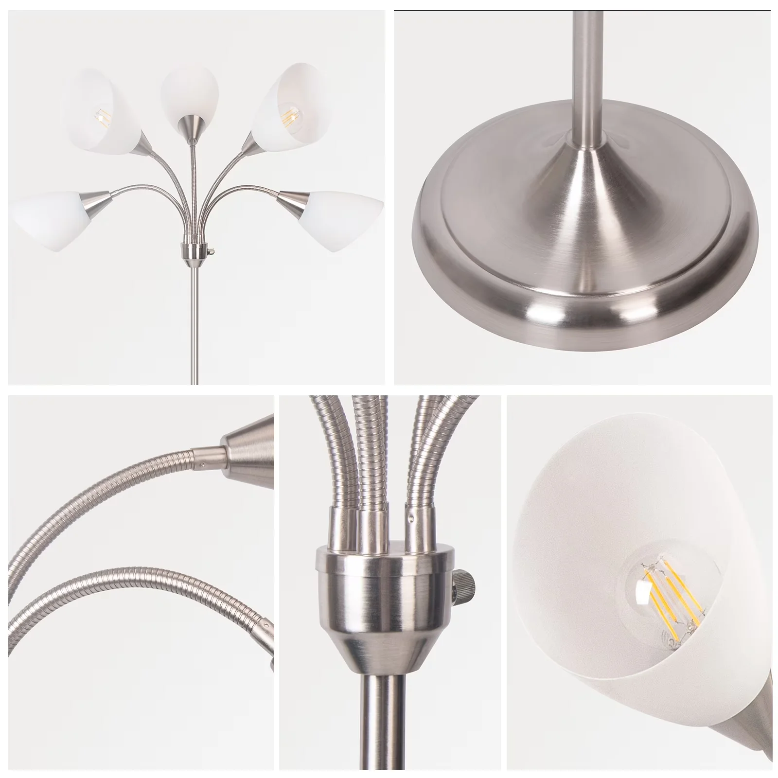 Premium Floor Lamp with LED, Adjustable Head, Torchiere Lamps - Silver Metal for Bedroom Model 7CD7CF