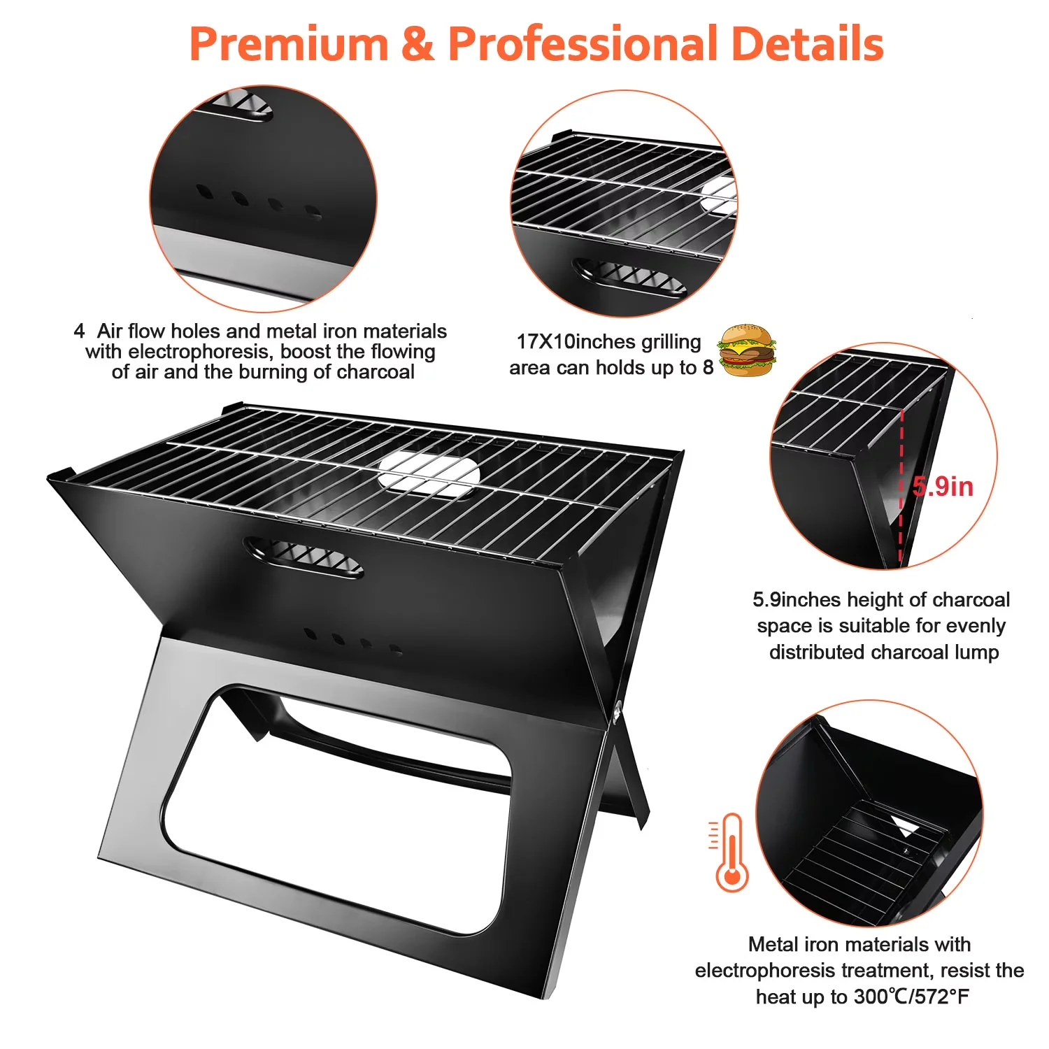 Flat Top Grill Versatile with Foldable, Rust Resistant, Portable Notebook Charcoal - Black Iron Model 57D420