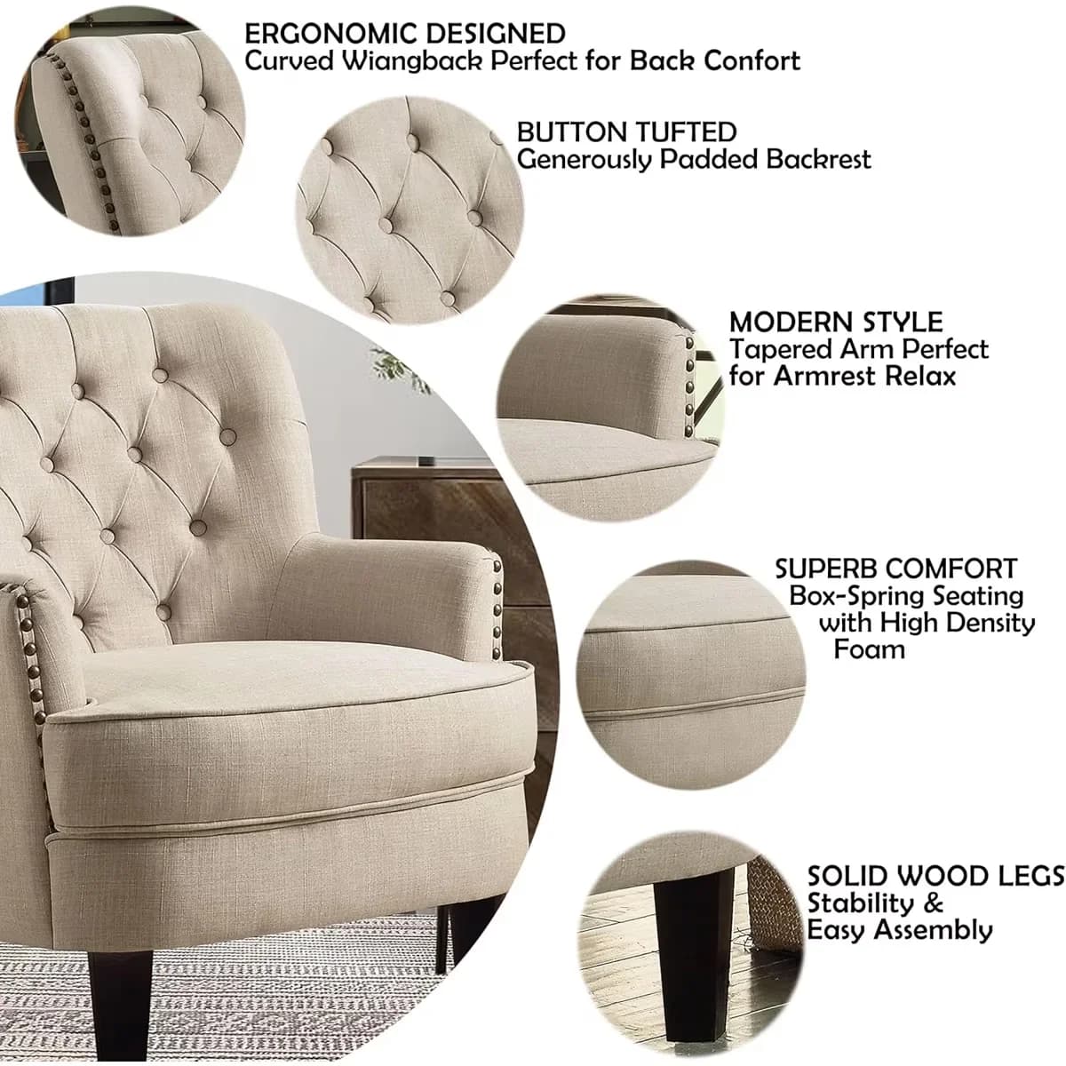 Patio Chair Premium with Tufted, Nailhead Trim, Velvet Upholstered Club 34.5”H - Wood Beige Model D03380