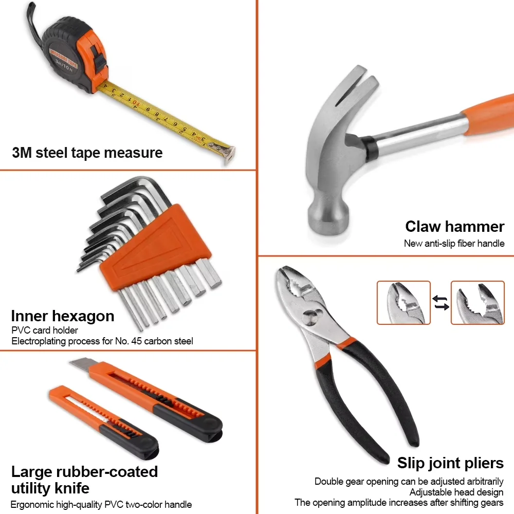 Compact Hand Tool Set with Ergonomic Handle, 57 Piece Kit - Orange Home Model 233FD4