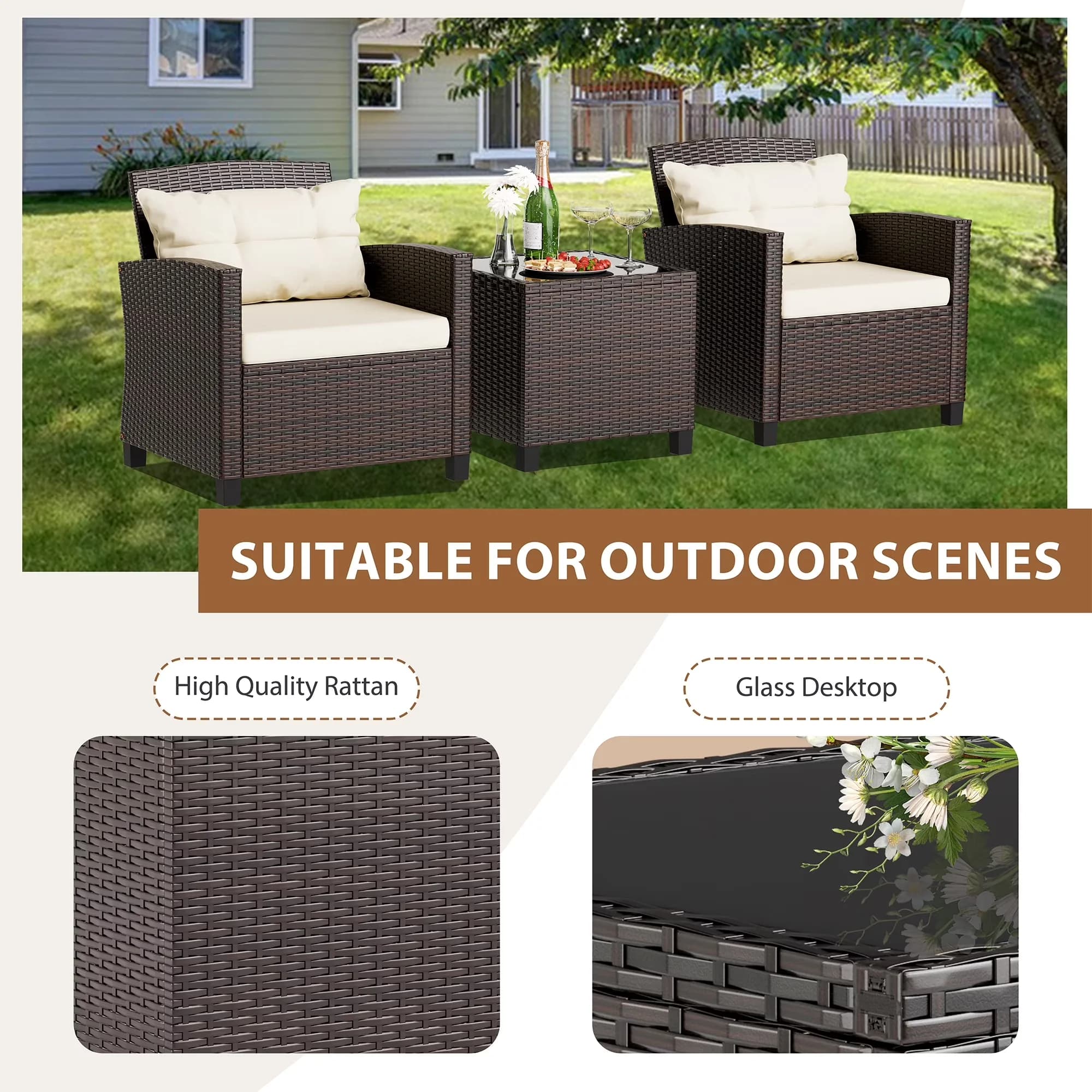 Durable Patio Dining Set with Removable Cushion Cover, Tempered Glass Table Beige - Beige Steel Model C1CF9F