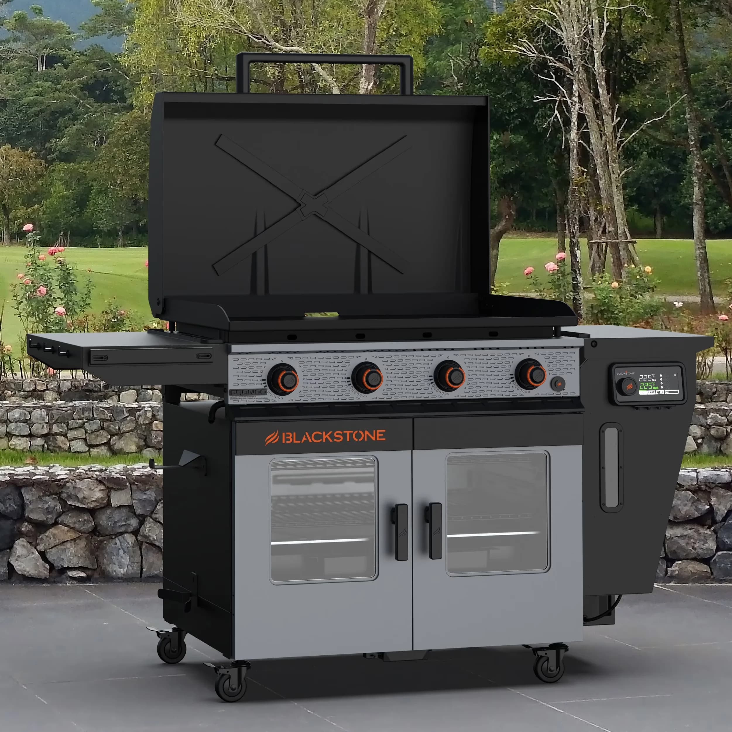 Innovative Flat Top Grill with Tool Holder, Removable Ash Catcher, Grease Pan - Steel Gray Model DE7B85