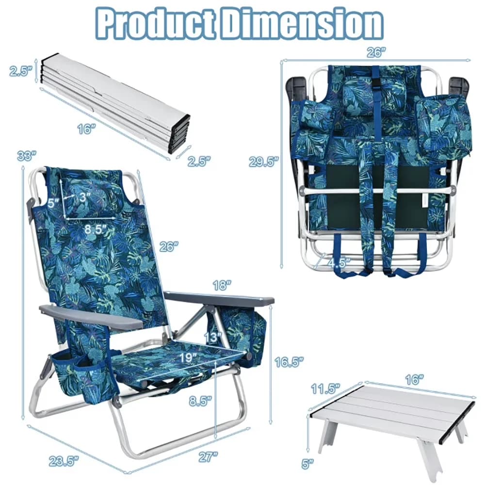 Innovative Beach Chair with Adjustable, Folding, High - Blue 2 Packs - Ergonomic Design Model C15E4D