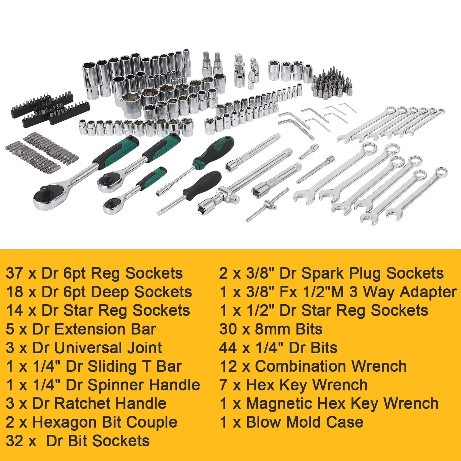 Hand Tool Set Sleek with Magnetic, Mechanics Tools Kit and Socket, 216-Piece - Chrome Vanadium Steel Model AB0FF7
