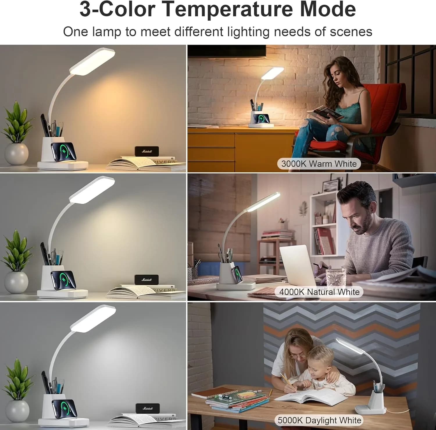 Desk Lamp Premium with LED, Gooseneck, Wireless Charging - White Plastic for Home Office Model ECEBB0