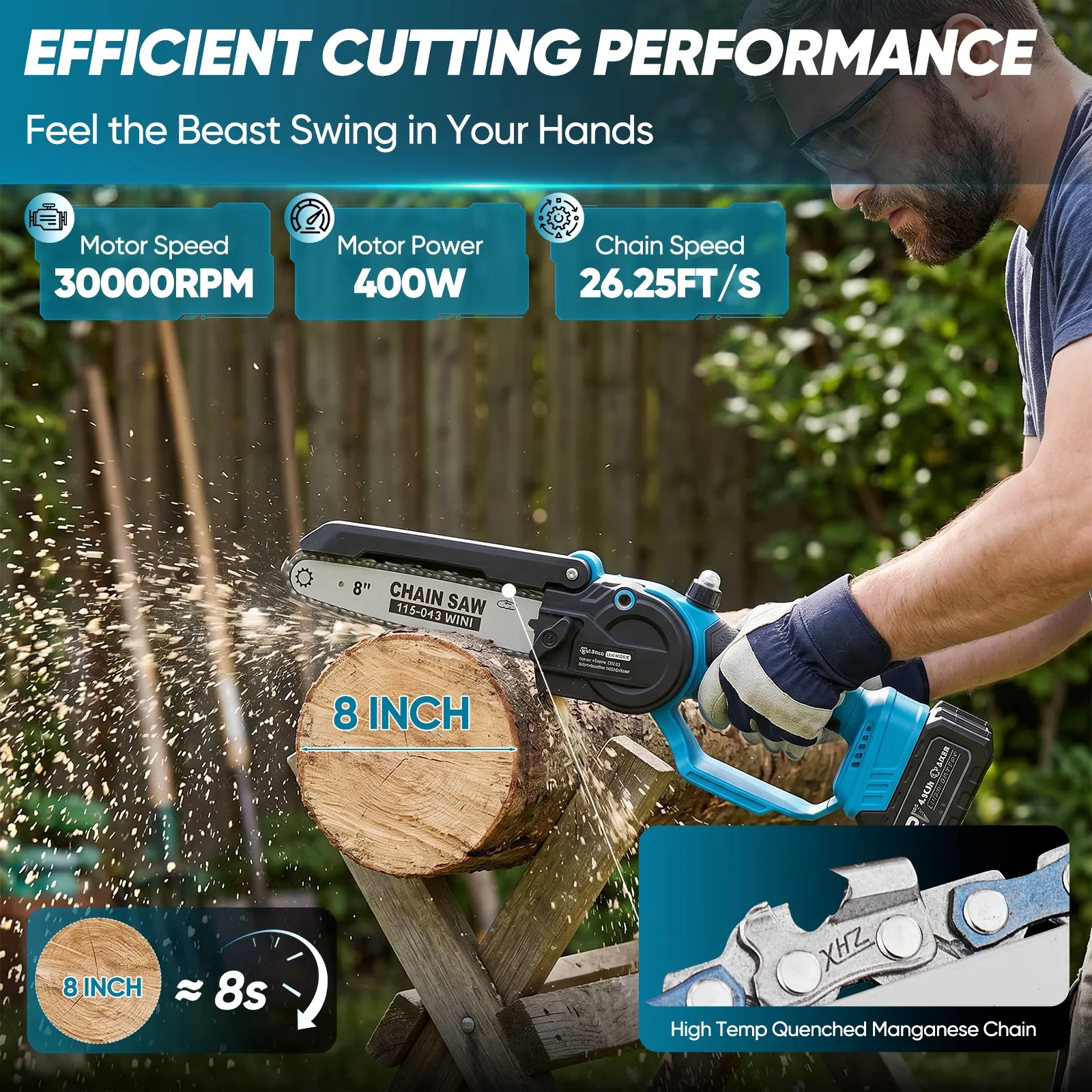 Professional Chainsaw with Battery, Anti-Vibration, 8 Inch Cordless Electric Mini - Model 45E6B6