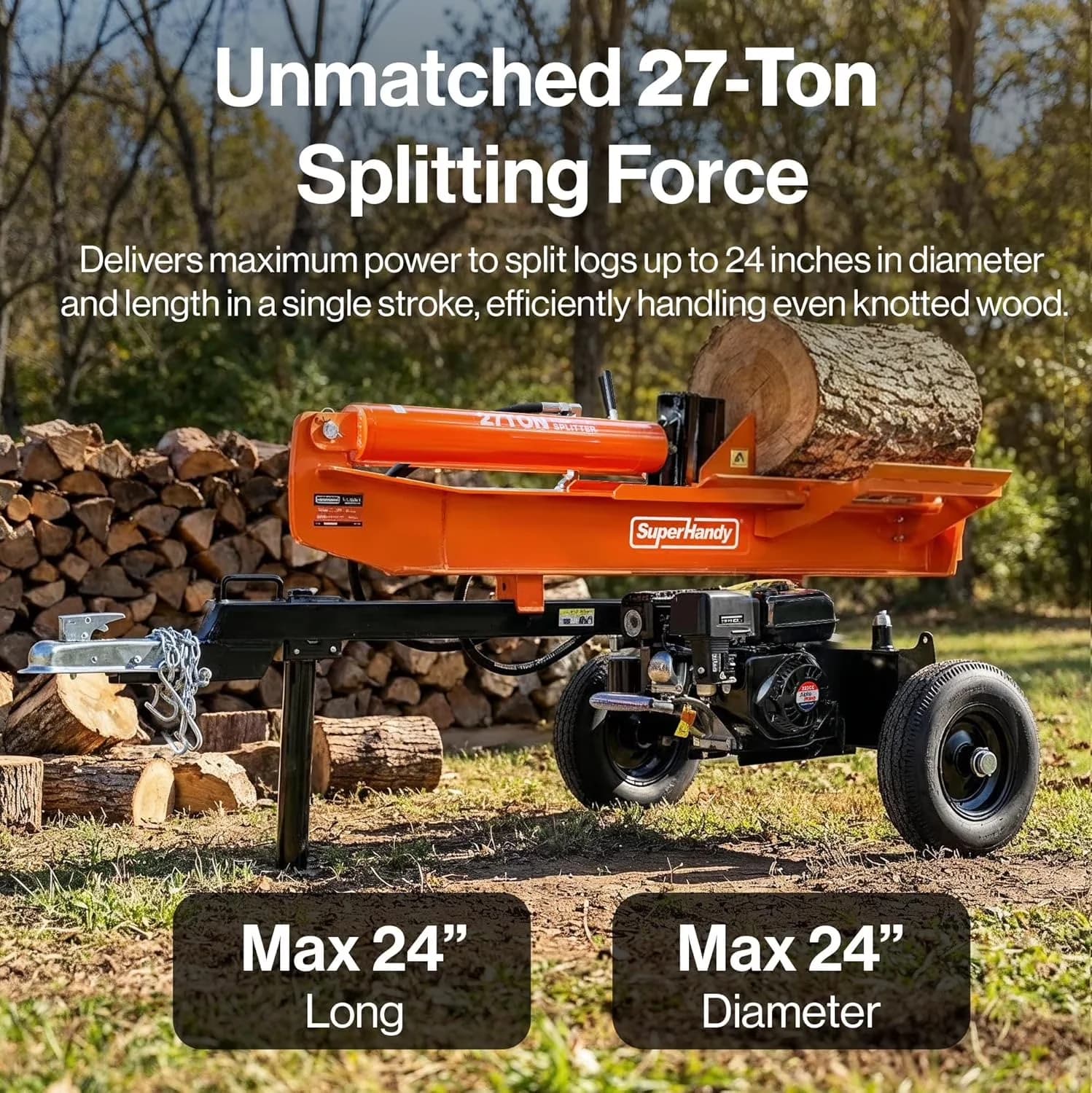 Essential Logsplitter with Wheeled, Gas Powered Log Splitter - Orange - Durable Build Model BD8482