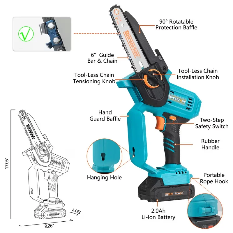 Professional Chainsaw with Battery, 20V, Tool-Less Chain Tensioning - Blue Model 4A23A9