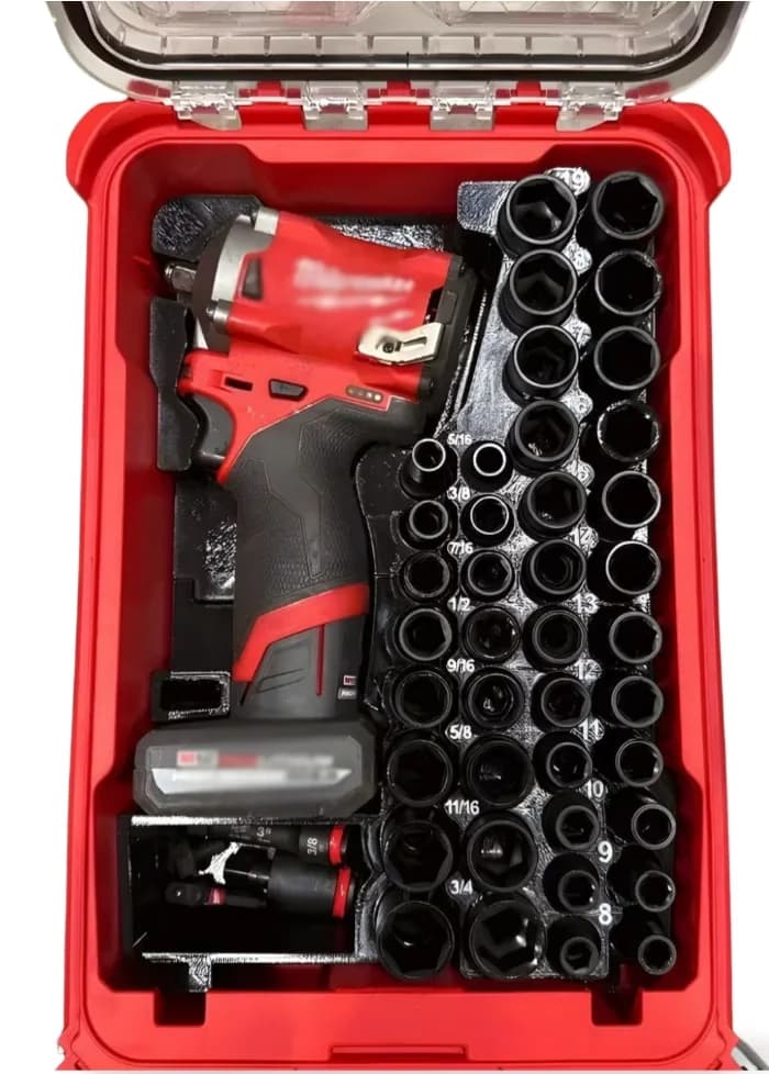 Premium Toolstorage with Compatible, Milwaukee Packout System, M12 3/8" Stubby Impact Driver Holder - Red Model 55EC5A