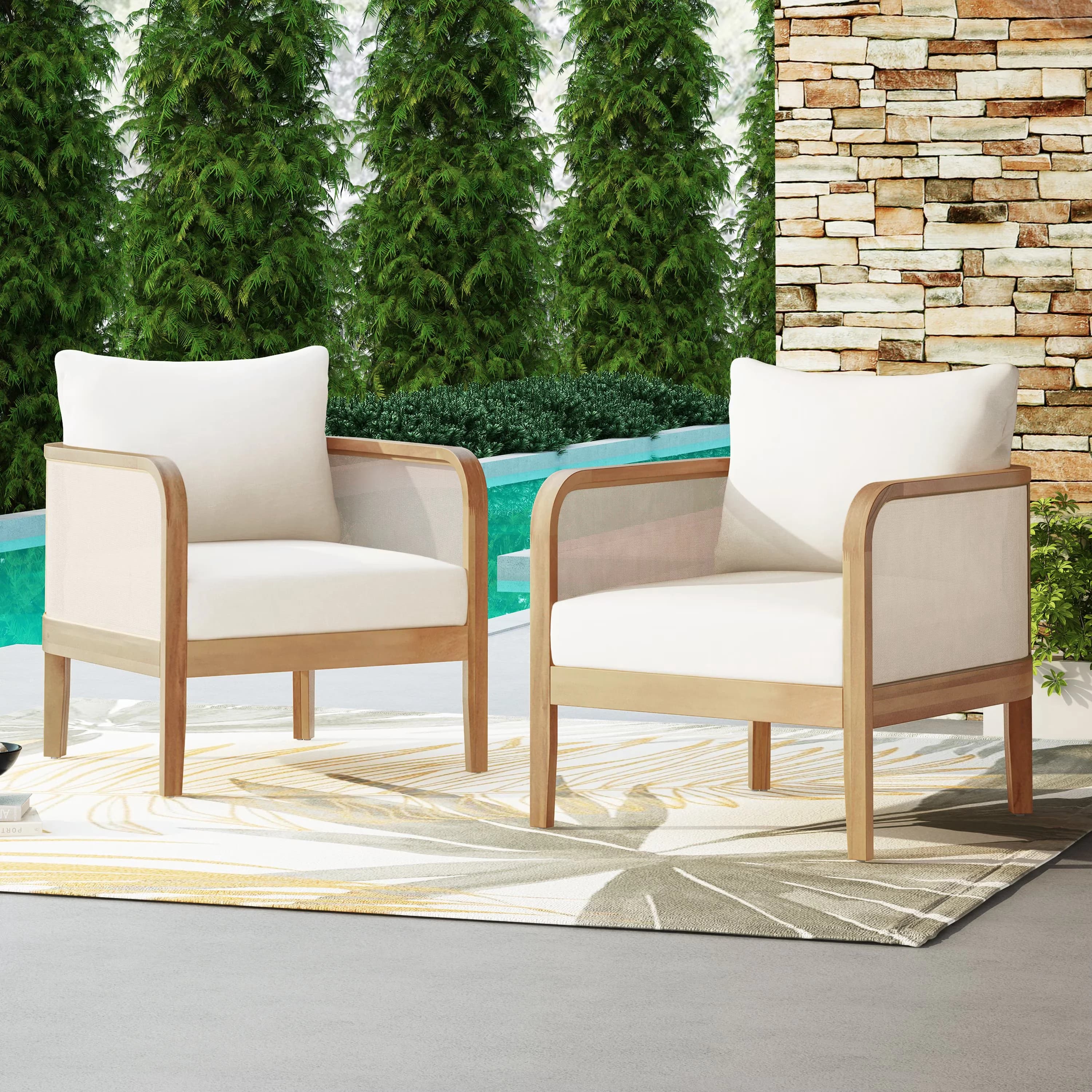 Stylish Patio Conversation Set with Weatherproof, of 2 Acacia Wood Outdoor Club Chairs - Acacia Wood Light Teak Model F9D3E6