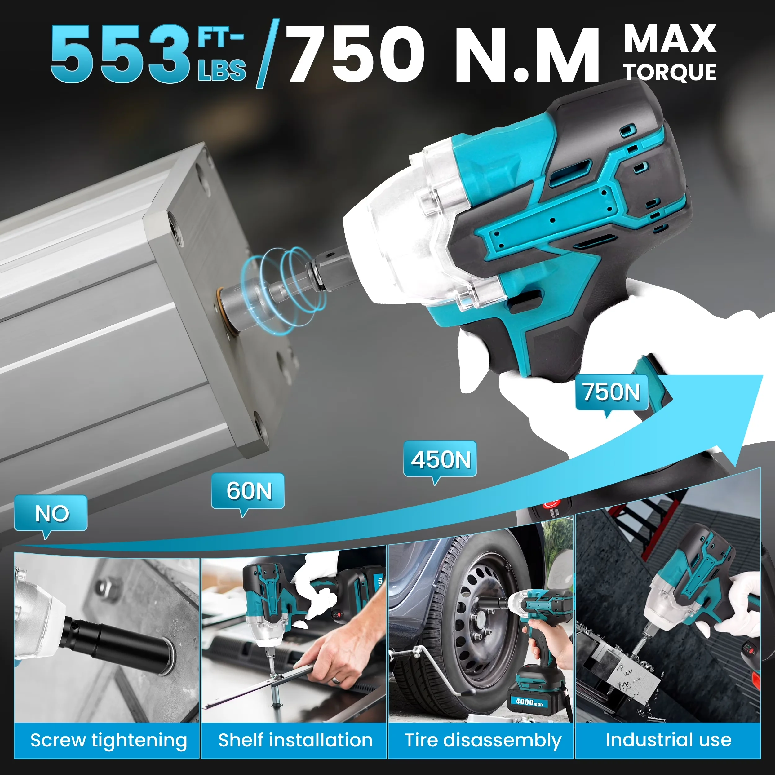 Durable Air Tools Compressor with Battery, Easy Storage, Cordless Impact Wrench 1/2" for Car, Home - Model F24AE7