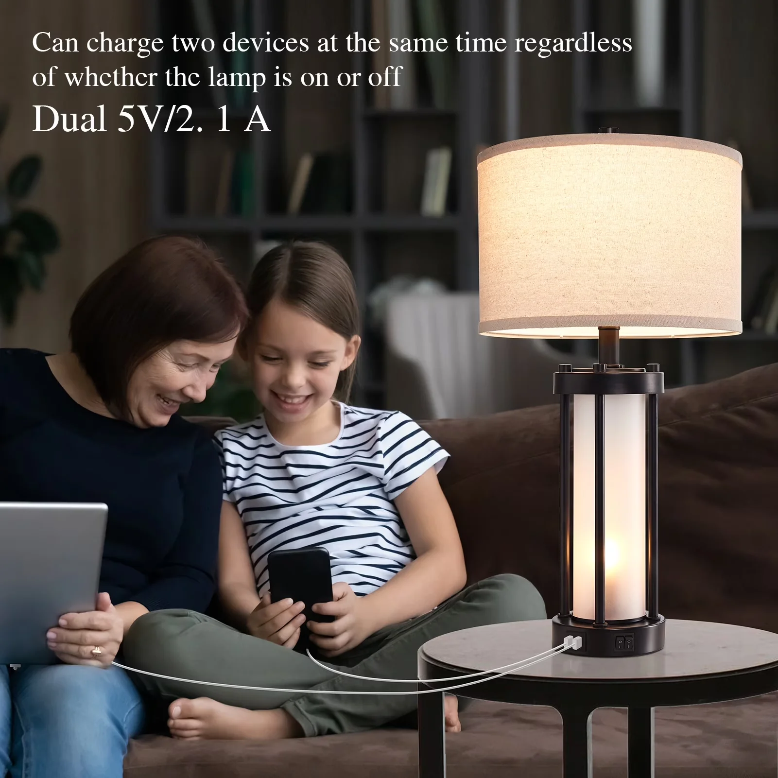 Efficient Table Lamp with LED, Power Outlet, Usb Port - Black Hardware, Glass for Bedroom Model 8124F6