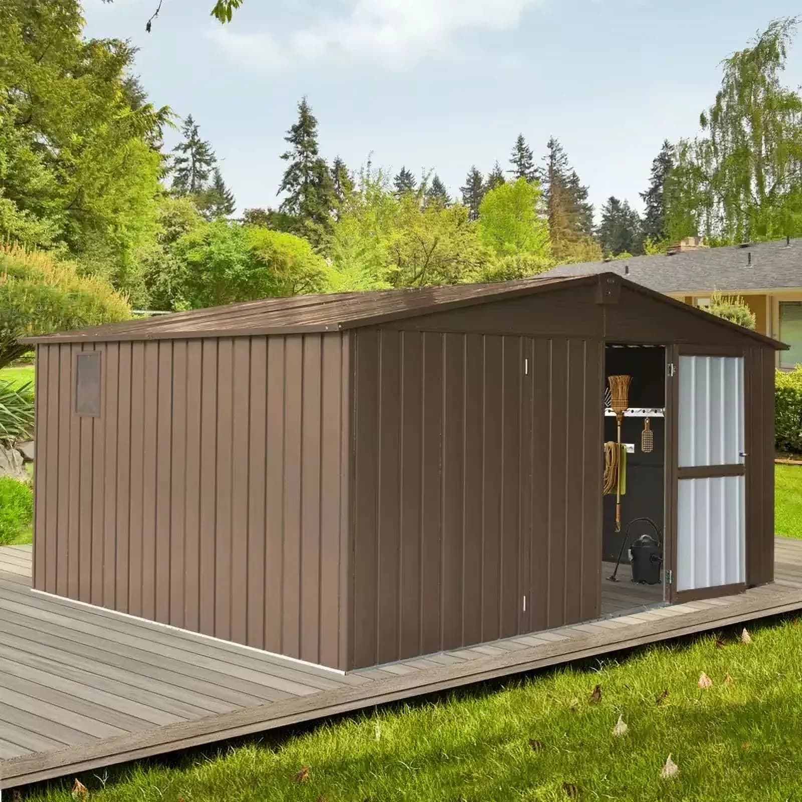 Durable Shed with Metal Garden, Lockable Door - Metal,Alloy Steel Brown for Patio Model 5D3FF2