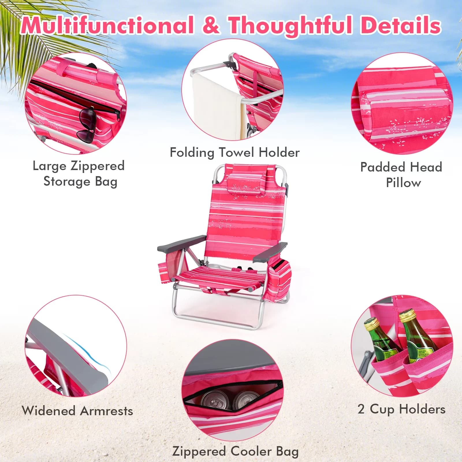 Classic Beach Chair with Folding, No assembly required - Pink 2 PCS - Satisfaction Guaranteed Model E44630