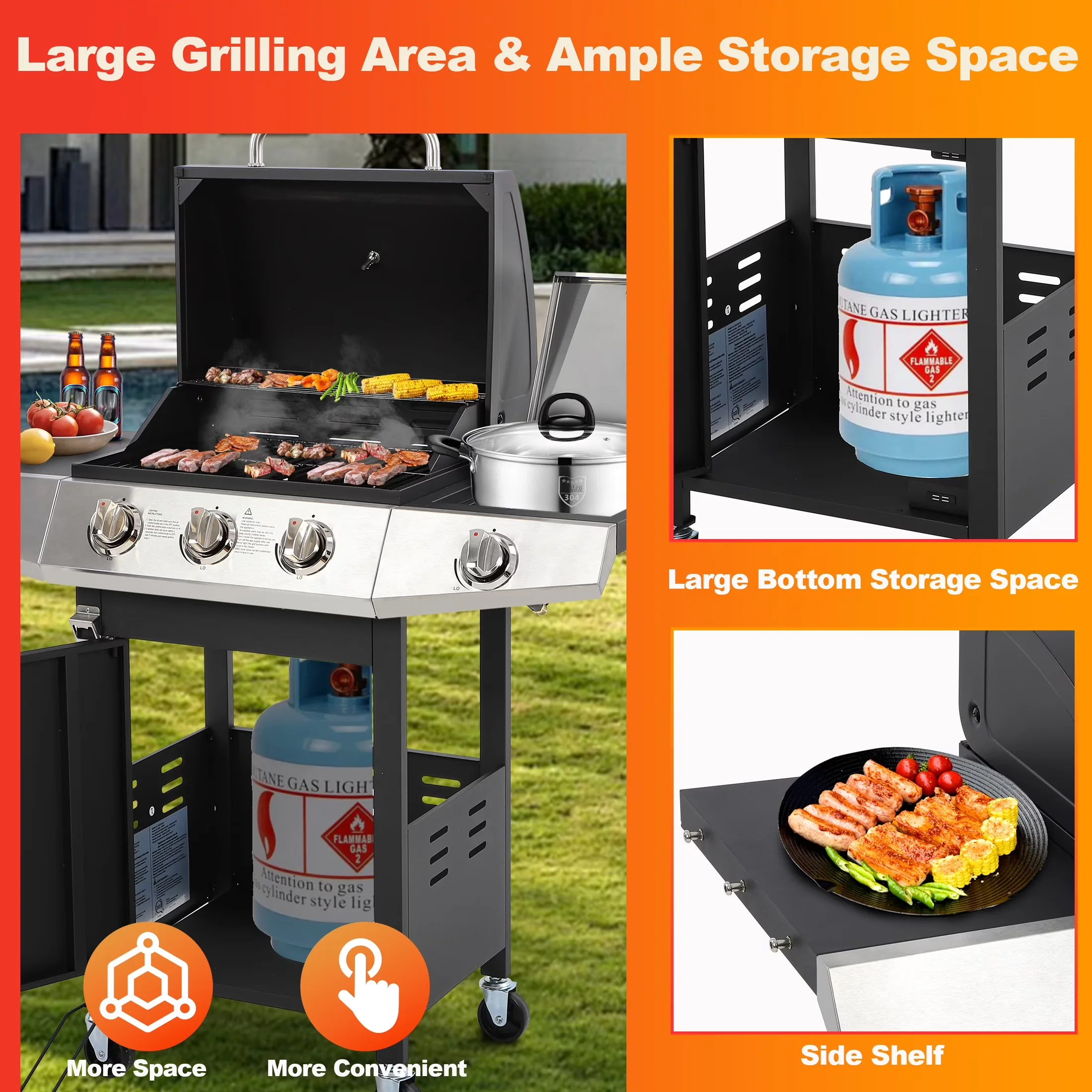 Compact Gas Grill with 40000 BTU, Warming Rack - Stainless Steel, Iron for Patio, Camping Model 04BA4C