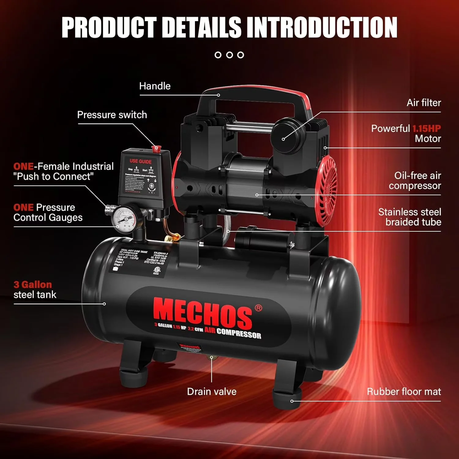 Reliable Air Tools Compressor with 110V, Portable, Ultra Quiet 3 Gallon - Black Q235B Steel Model 2F0B85