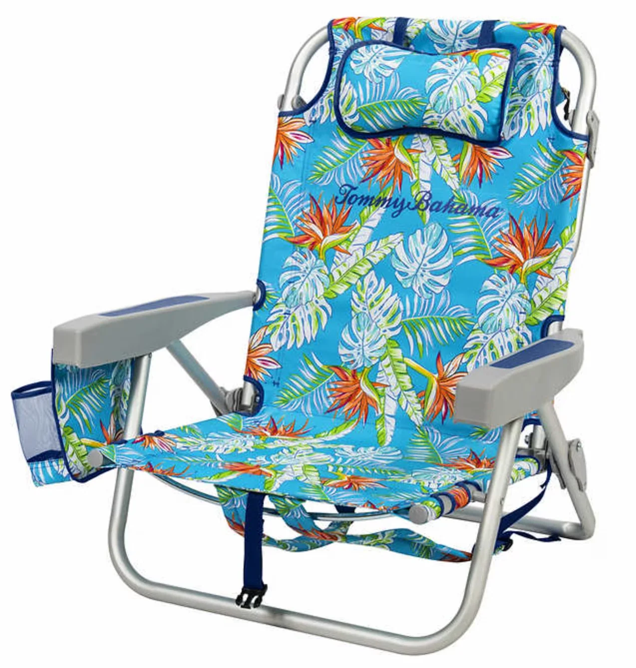 Compact Beach Chair with Zippered Insulated Cargo Pouch, Cup and Cell Phone Holders, Blue Floral - Blue Model 07CED4