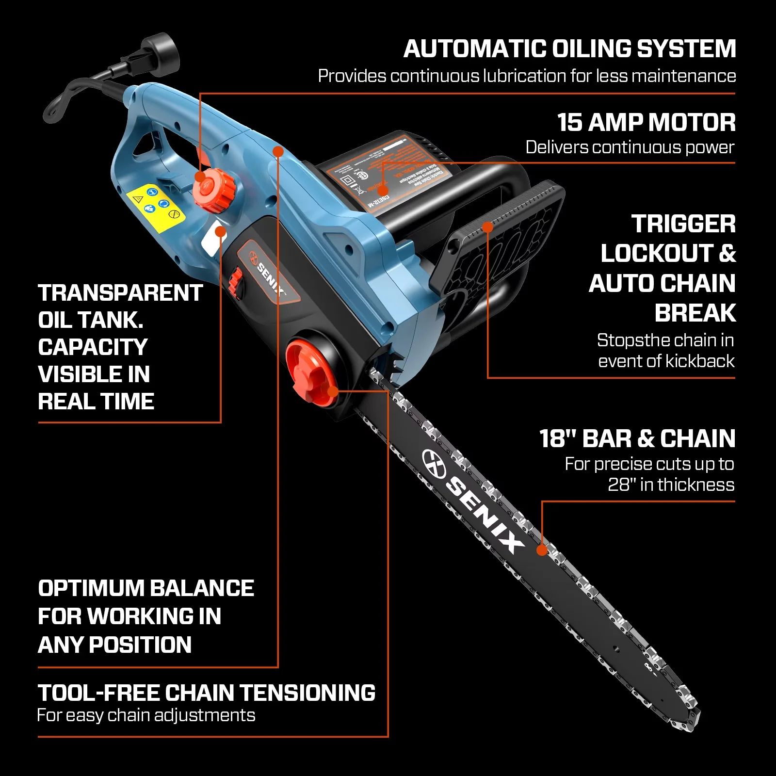 Classic Chainsaw with 120V, Chain Brake, Tool-Less Chain Tensioning - 18 Model A3098C