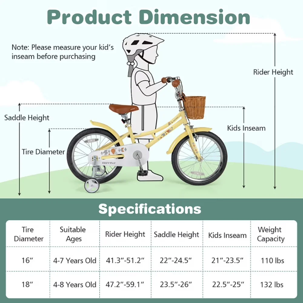 Efficient Kids Bike with Adjustable Handlebar Height, Toddlers Bicycle, Reflectors and Bell - Yellow Model 026A90