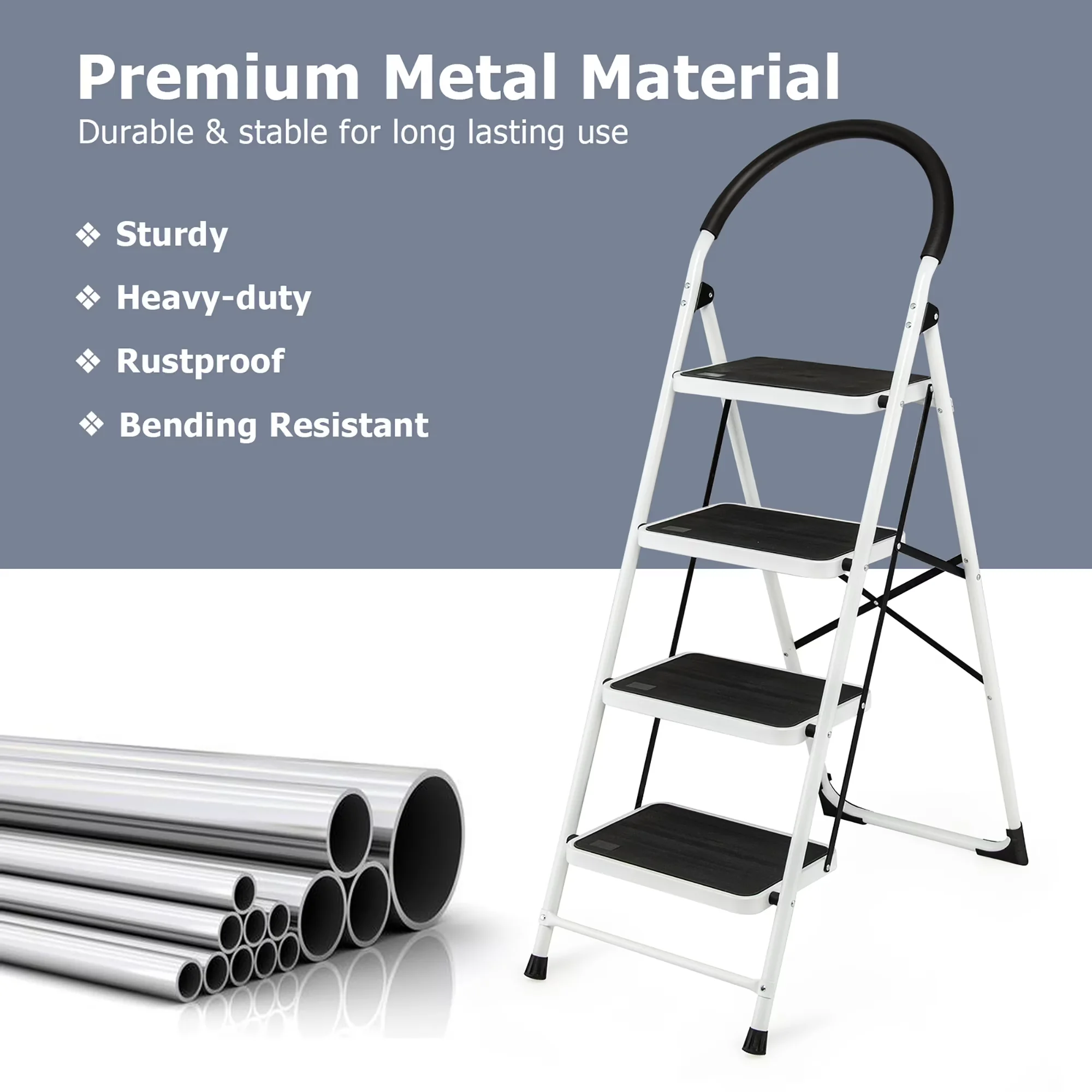 Efficient Ladders And Step Stool with Foldable, Material: Steel, PE - Steel, Pe White Model A2F5DB