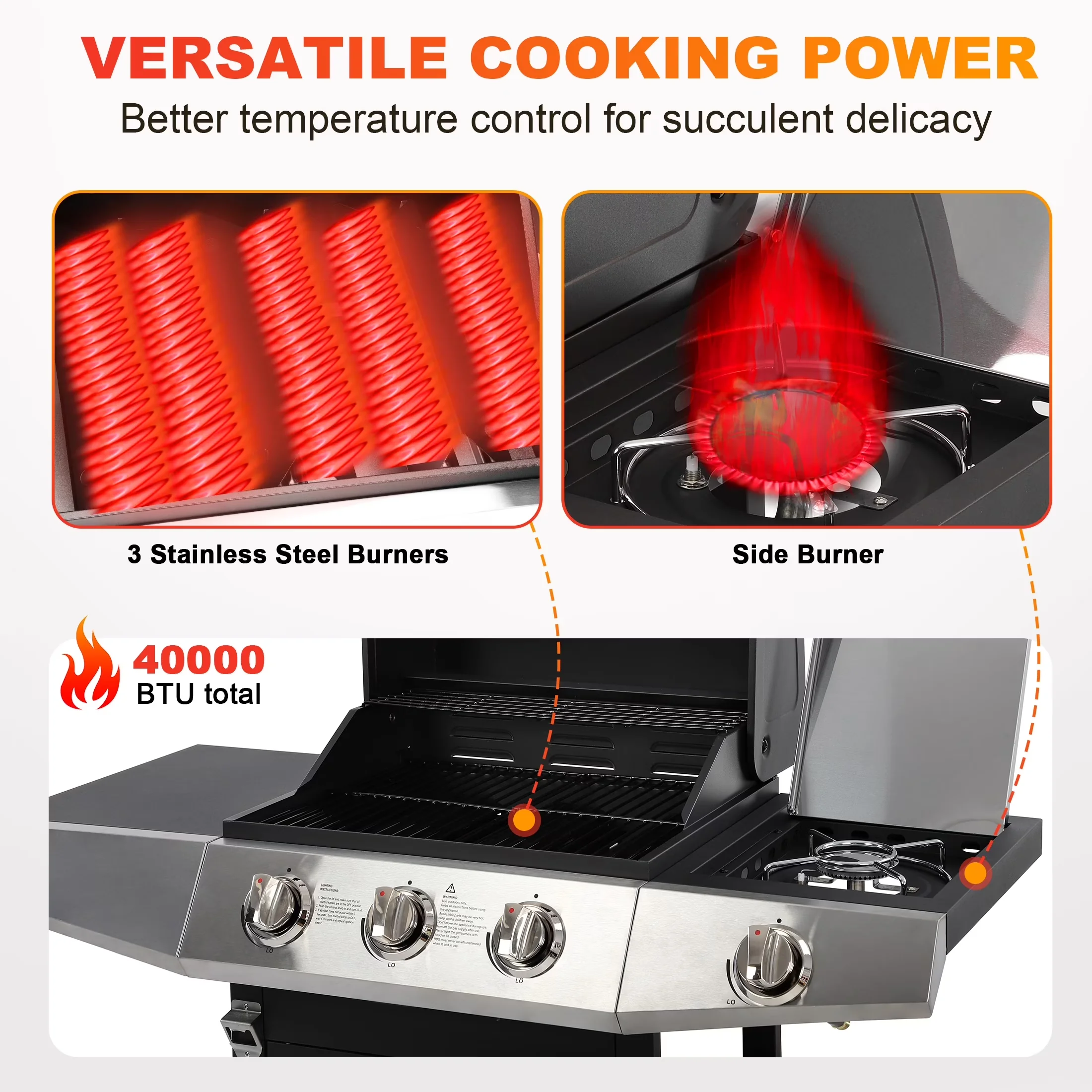 Compact Gas Grill with 40000 BTU, Warming Rack - Stainless Steel, Iron for Patio, Camping Model 04BA4C