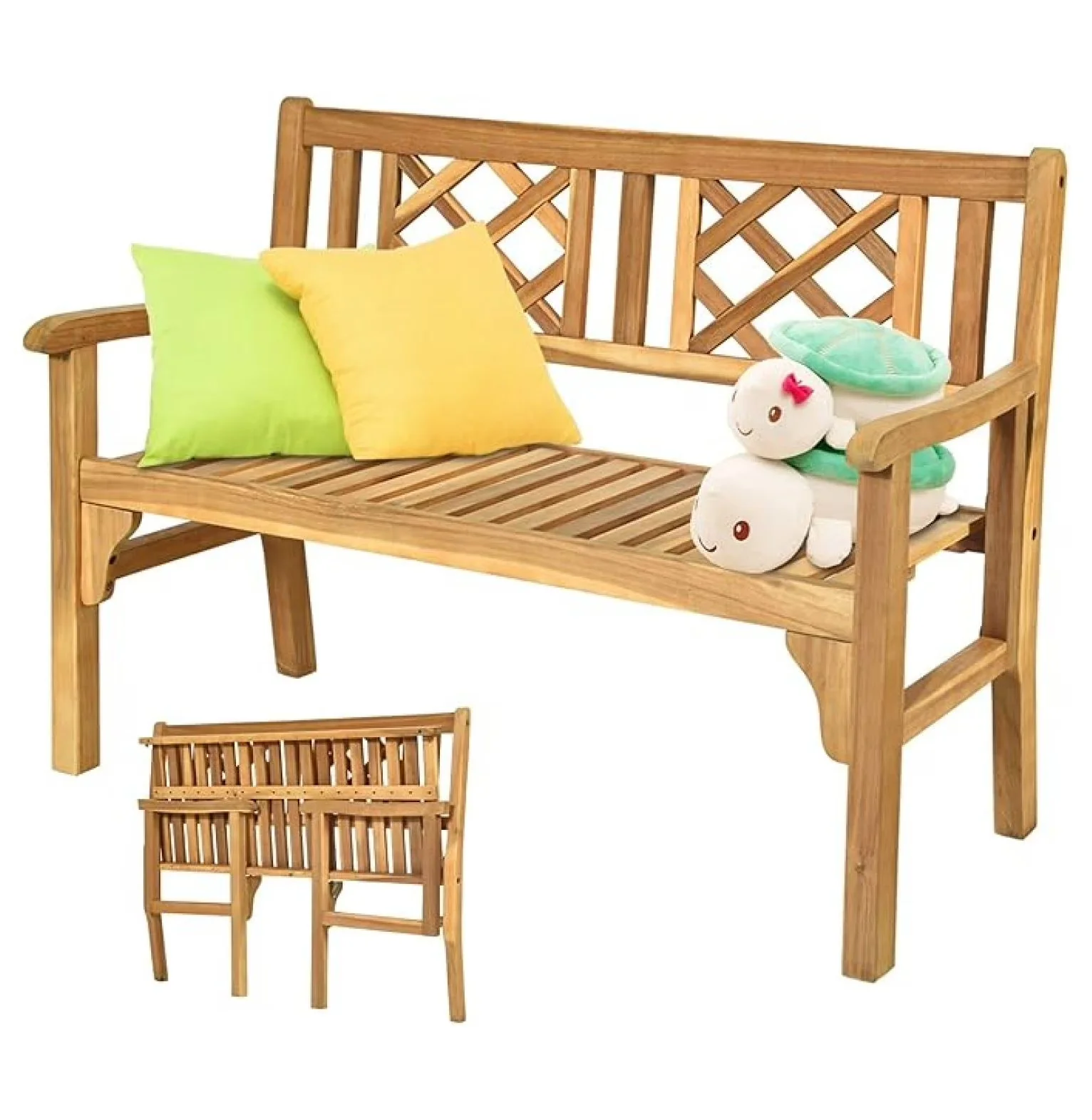 Patio Chair Stylish with Slatted Seat & Armrest, 2-Person Wood Foldable Porch Loveseat - Natural Wood for Garden Model 02EC6D