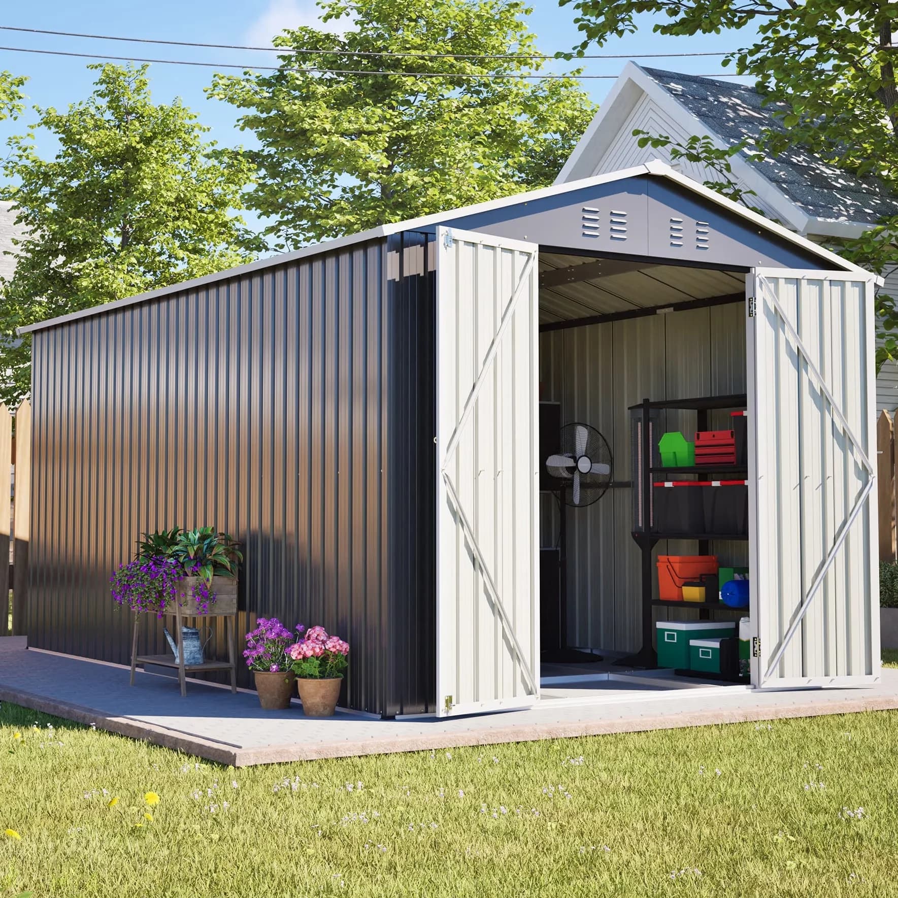 Premium Shed with Waterproof, Wall Height: 62.45", Metal Garden Tool - Gray 8' x 12' Model B73A86